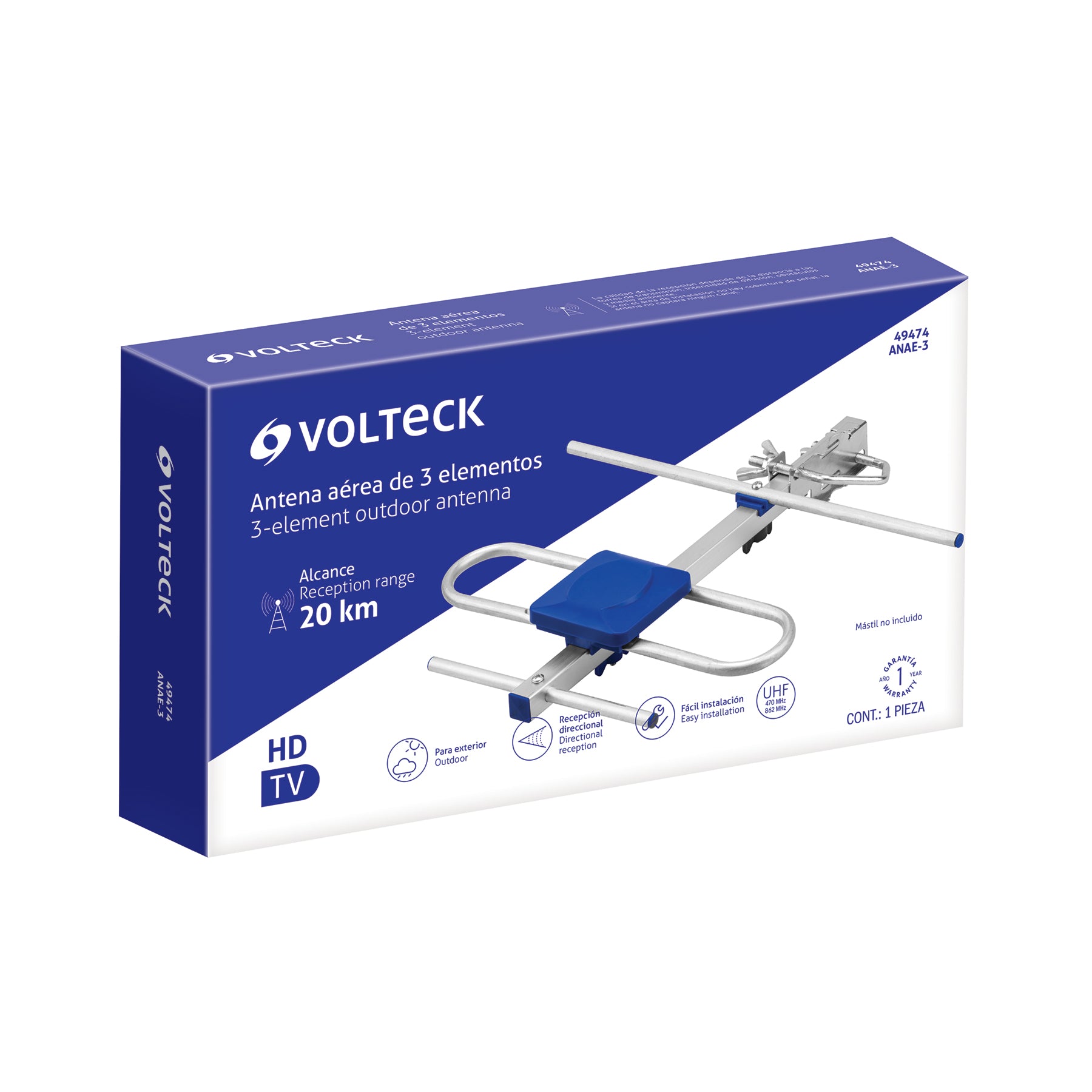  Antena aérea para TV HD, 3 elementos, VOLTECK