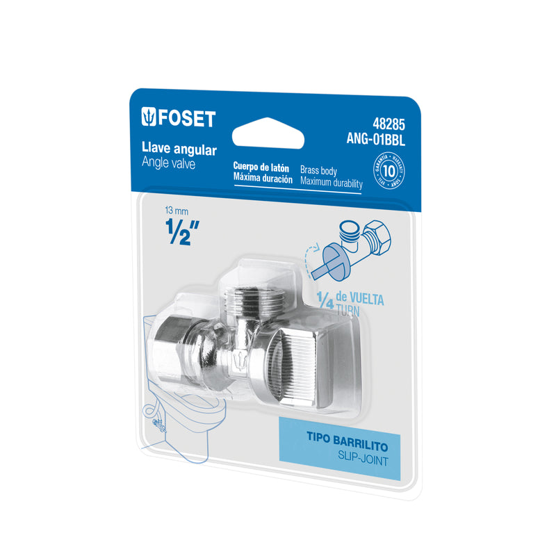 Llave angular 1/2' x 1/2', 1/4 de vuelta, barrilito, blíster