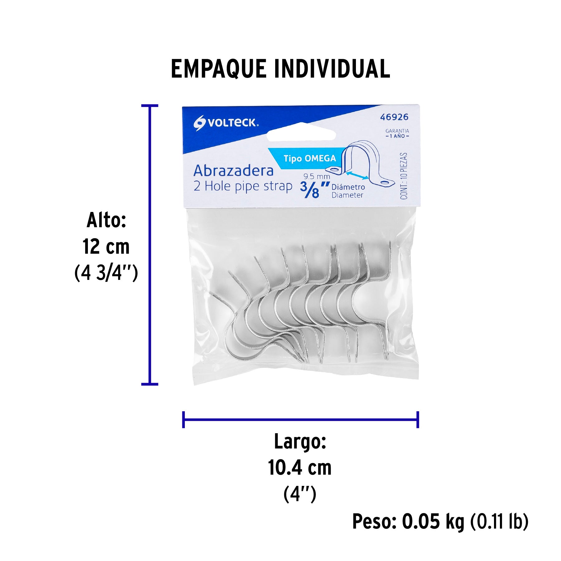 Abrazadera para tubo, tipo omega 3/8", bolsa 10 pzas