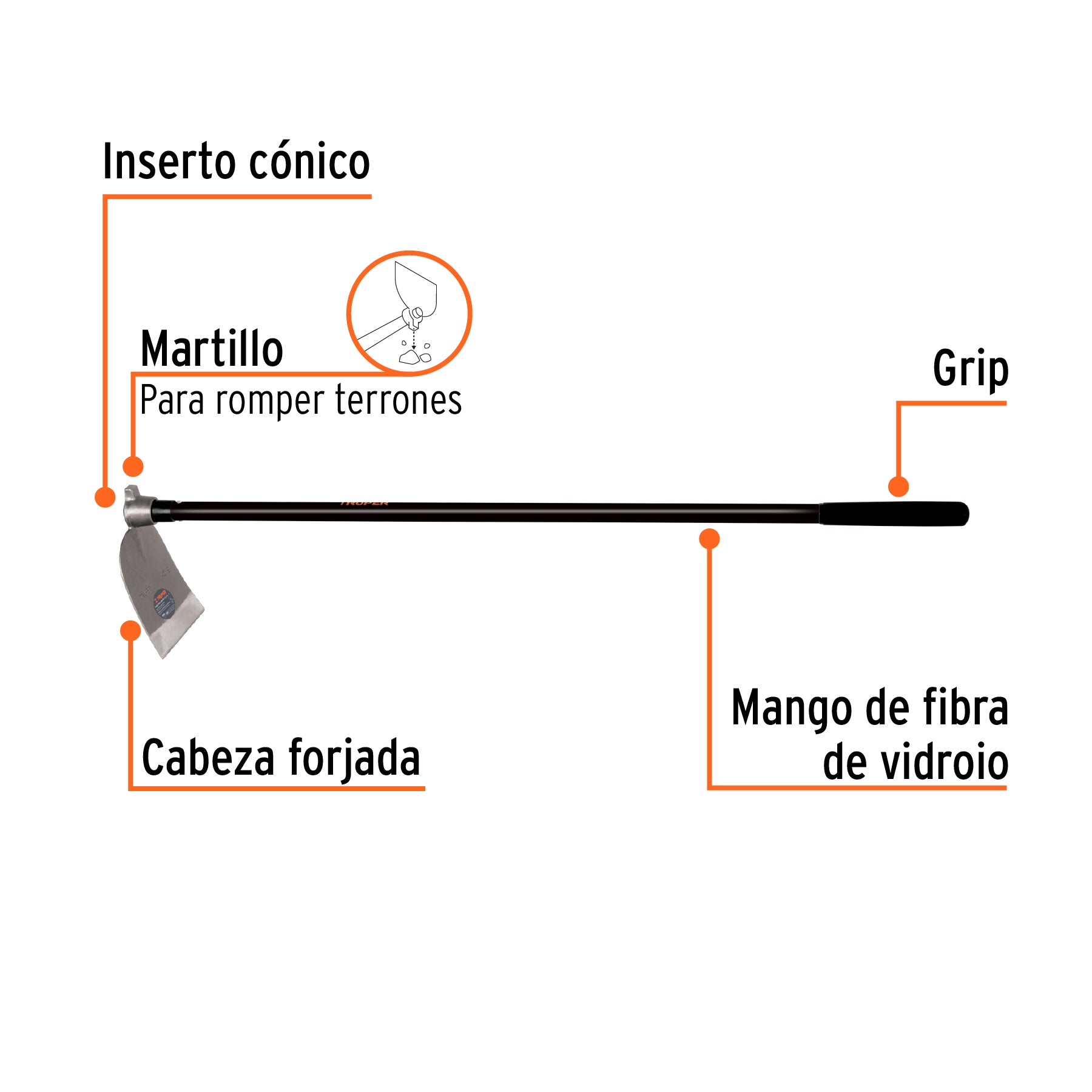 Azadón oreja y martillo No. 2 de 2.8 lb, mango de fibra 54"