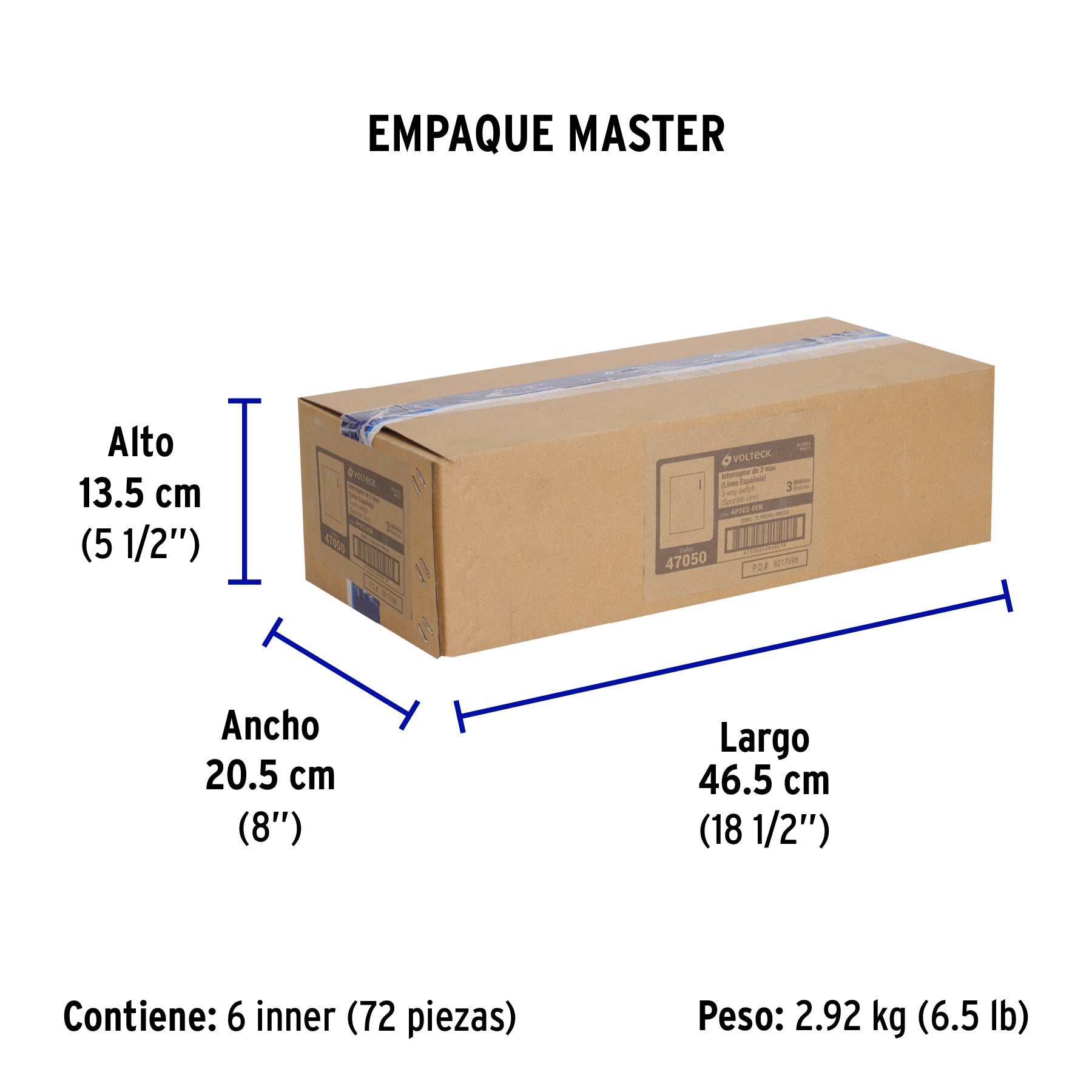 Interruptor de 3 vías, 3 módulos, línea Española, blanco