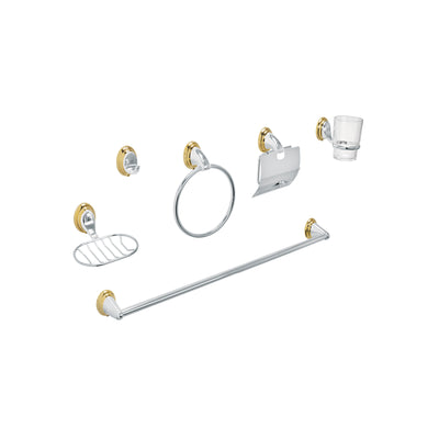 Jgo de acc p/baño con jabonera rejilla,cromo/oro,6 pzas, Aqu