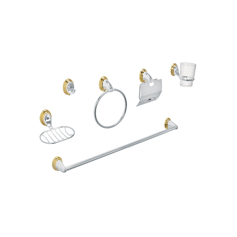 Jgo de acc p/baño con jabonera rejilla,cromo/oro,6 pzas, Aqu