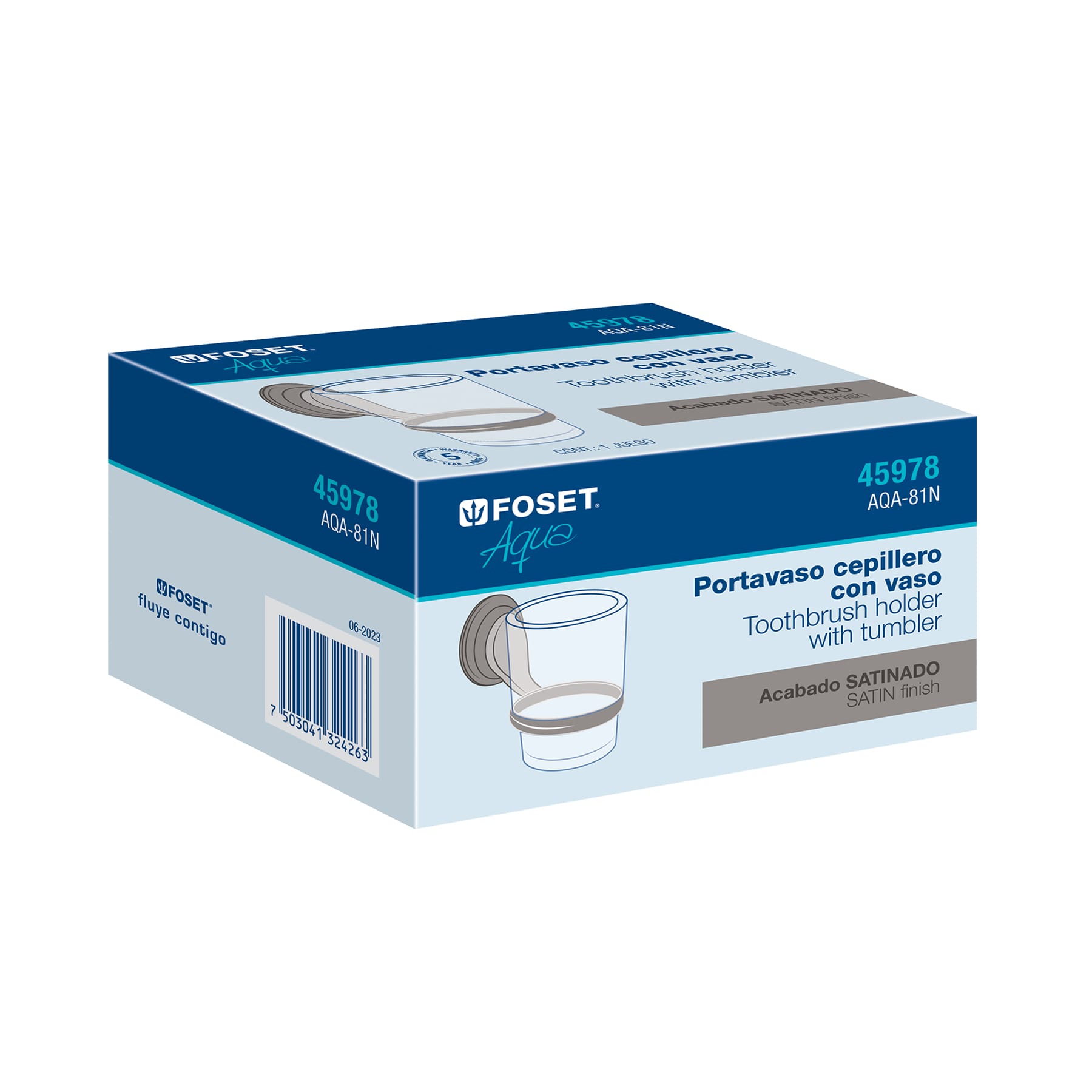 Portavaso cepillero satín con vaso de vidrio, Foset Aqua