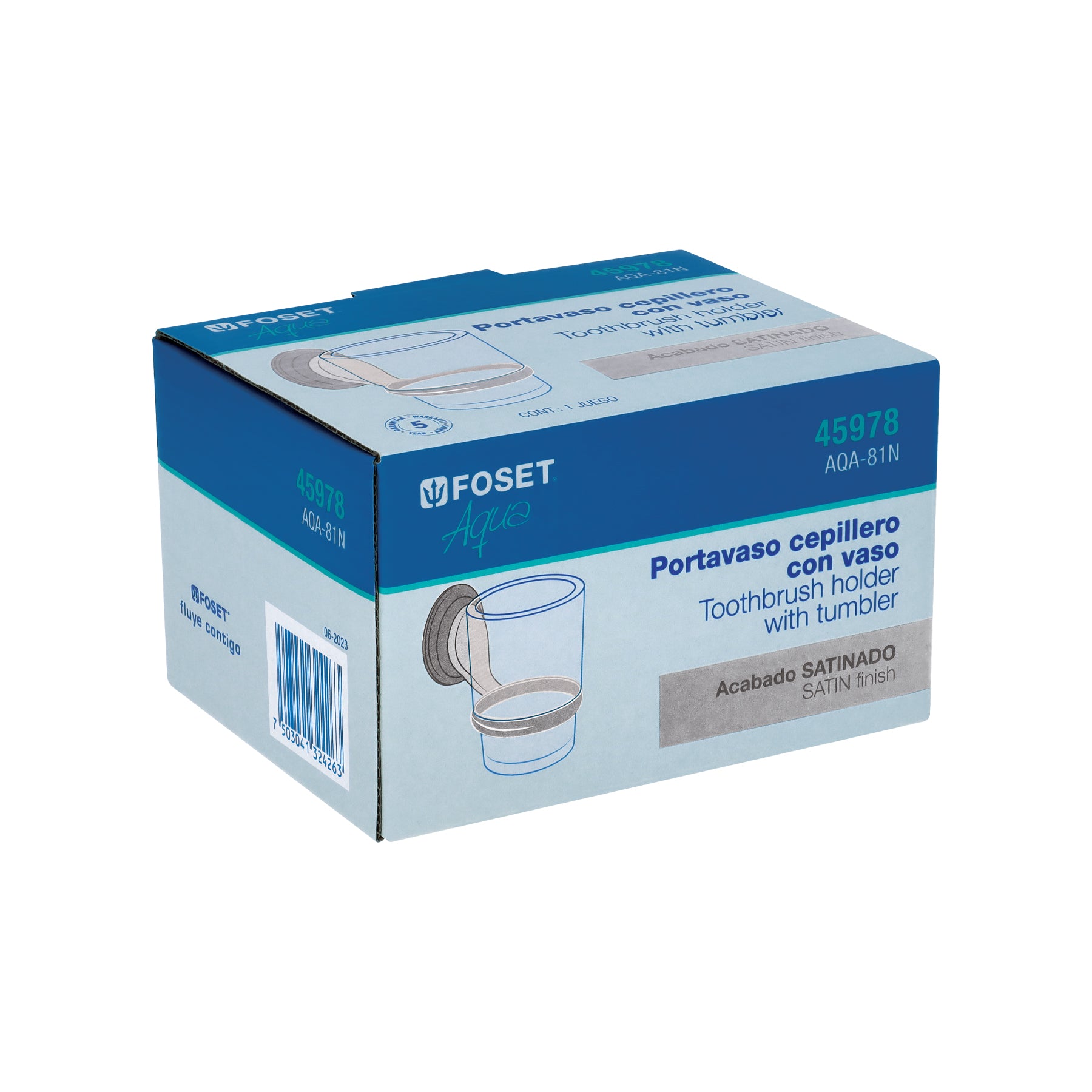 Portavaso cepillero satín con vaso de vidrio, Foset Aqua