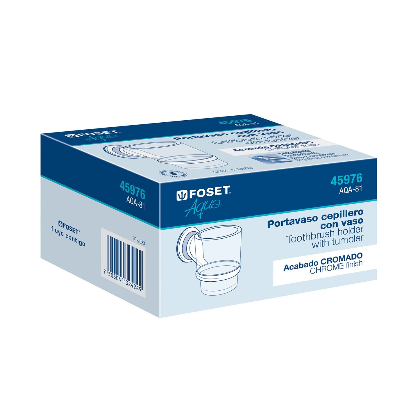 Portavaso cepillero cromo con vaso de vidrio, Foset Aqua