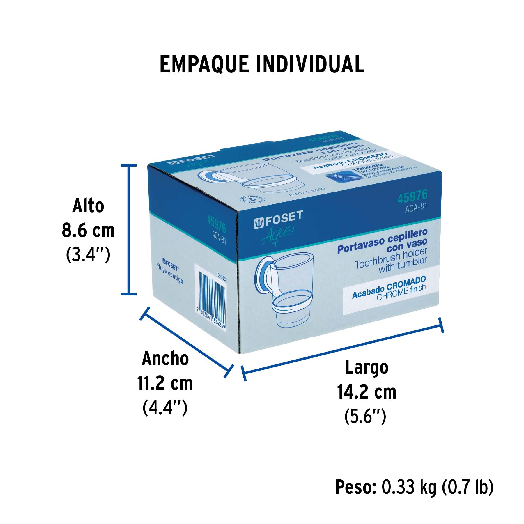 Portavaso cepillero cromo con vaso de vidrio, Foset Aqua