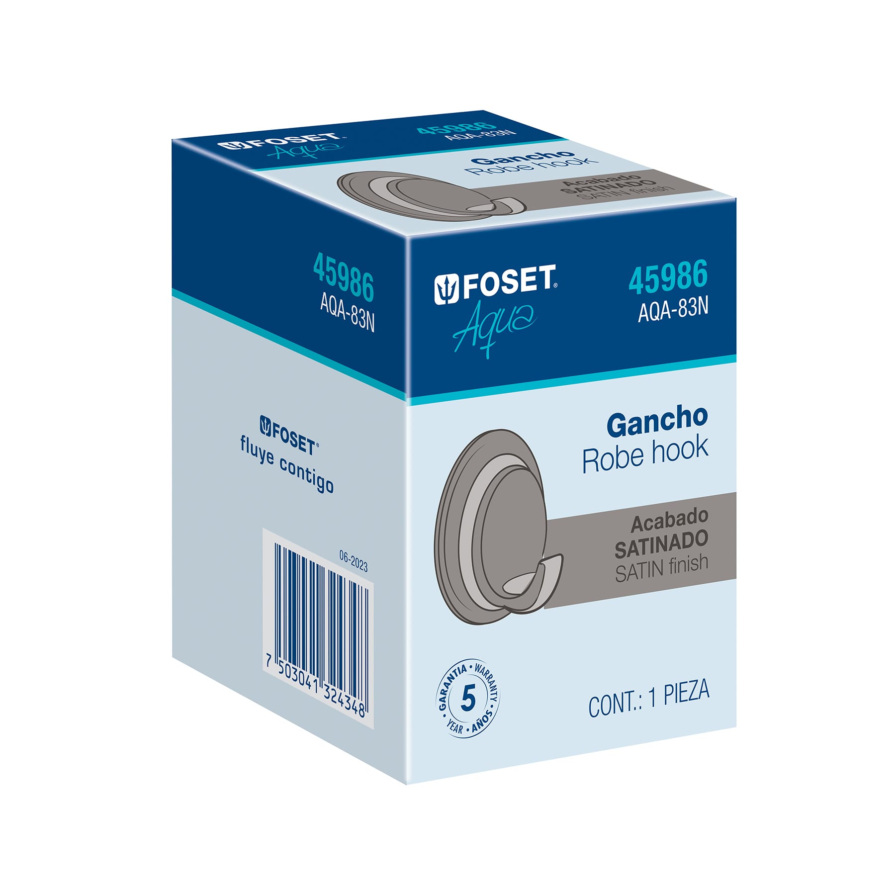 Gancho sencillo metálico acabado satín, Foset Aqua
