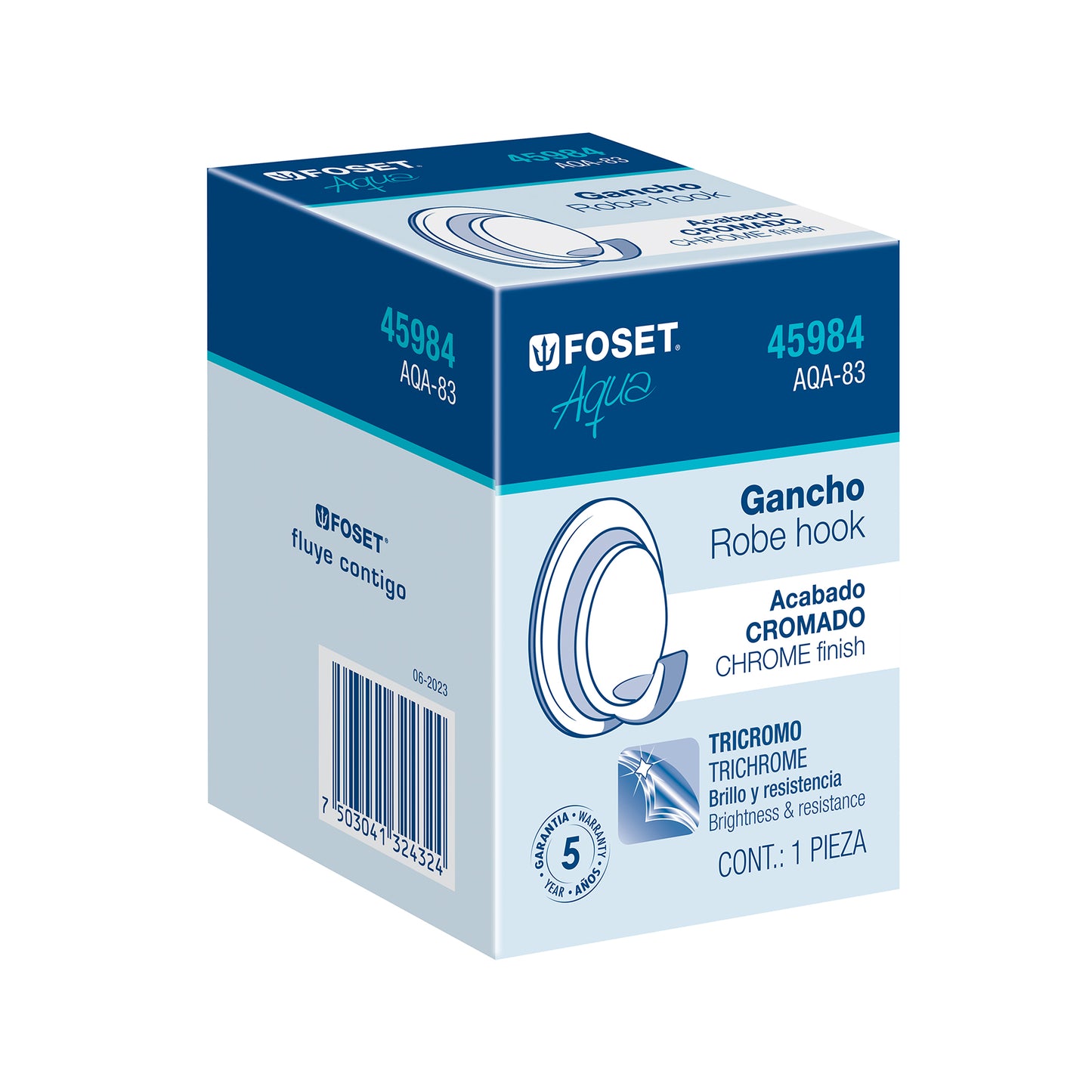 Gancho sencillo metálico acabado cromo, Foset Aqua
