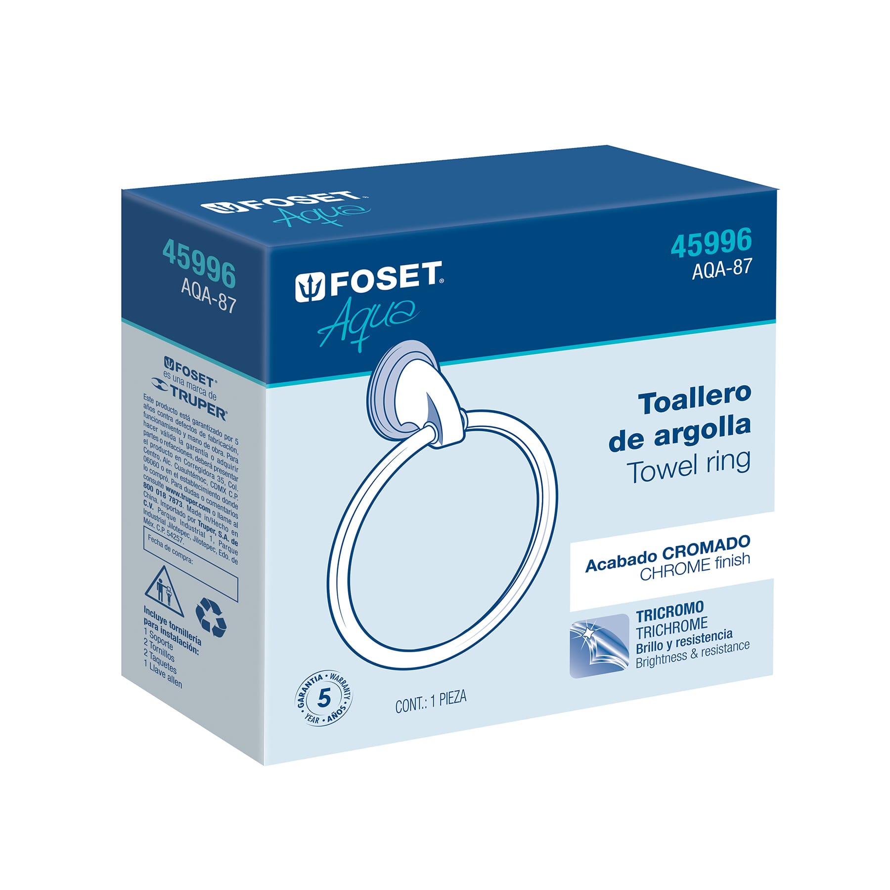Toallero argolla metálico acabado cromo, Foset Aqua