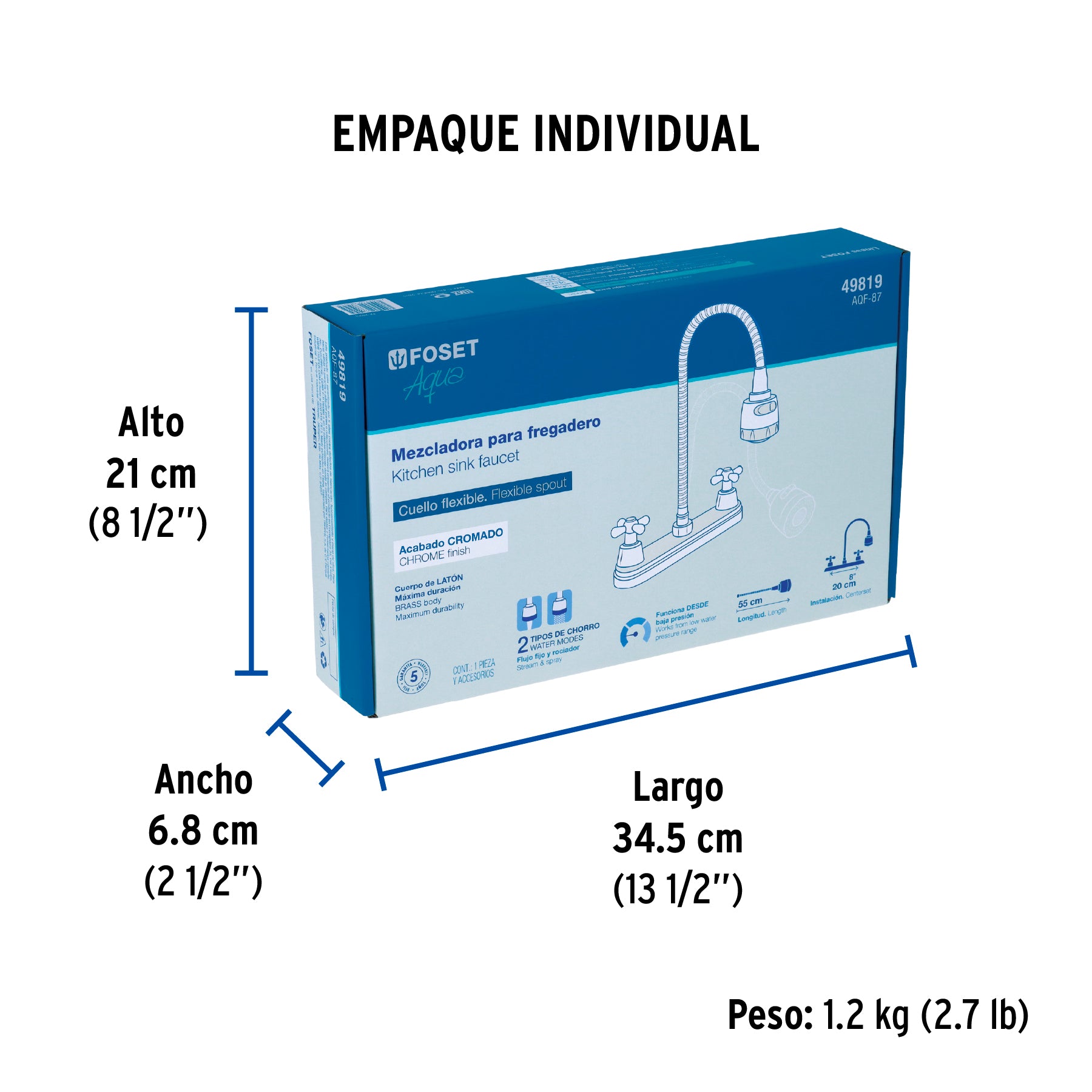 Mezcladora inox 8' p/fregadero, flexible, cruceta, Foset