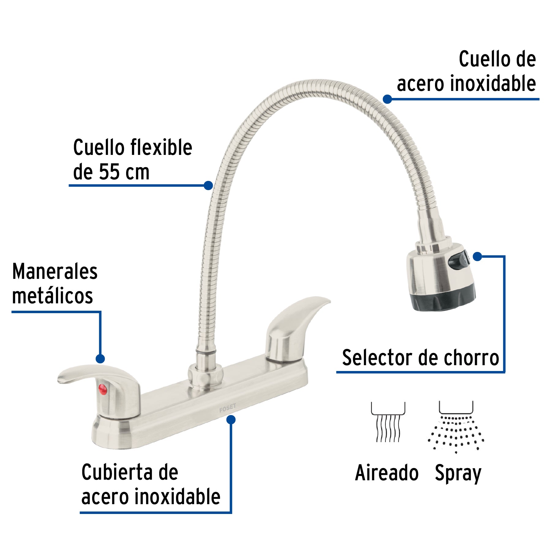 Mezcladora 8' p/fregadero, flexible, palanca, satín, Aqua
