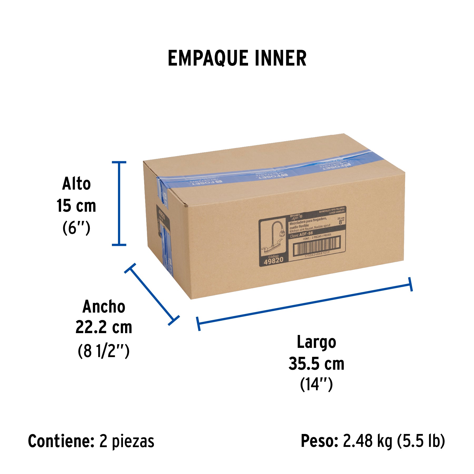Mezcladora inox 8' p/fregadero, flexible, palanca, Foset