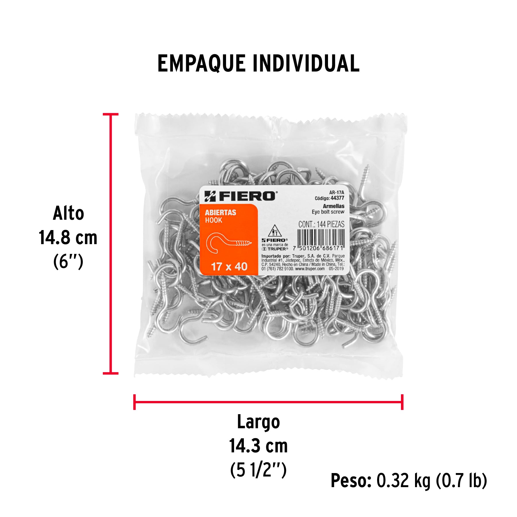 Armella 17 x 40, abierta, caja con 144 pzas