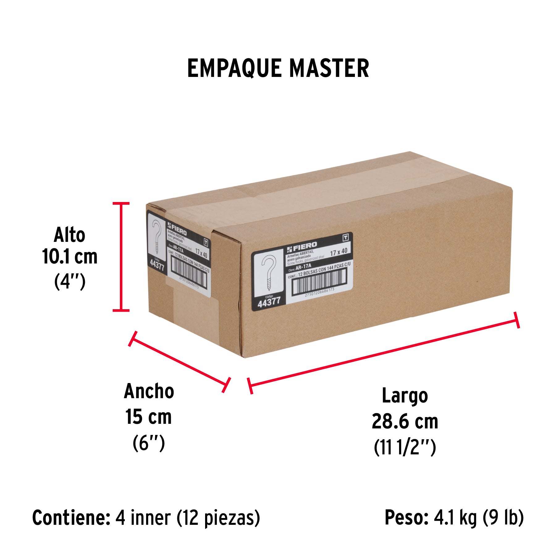 Armella 17 x 40, abierta, caja con 144 pzas