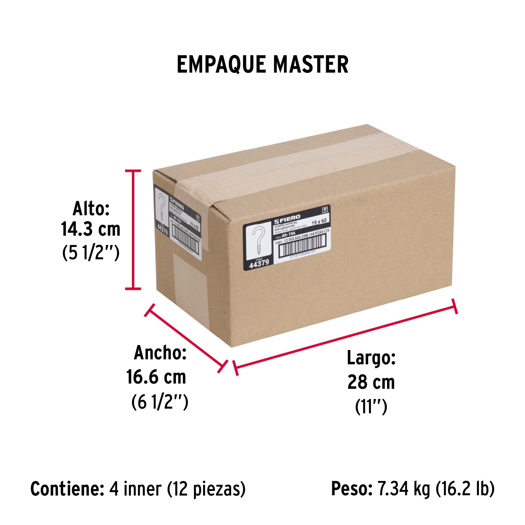 Armella 19 x 60, abierta, caja con 144 pzas