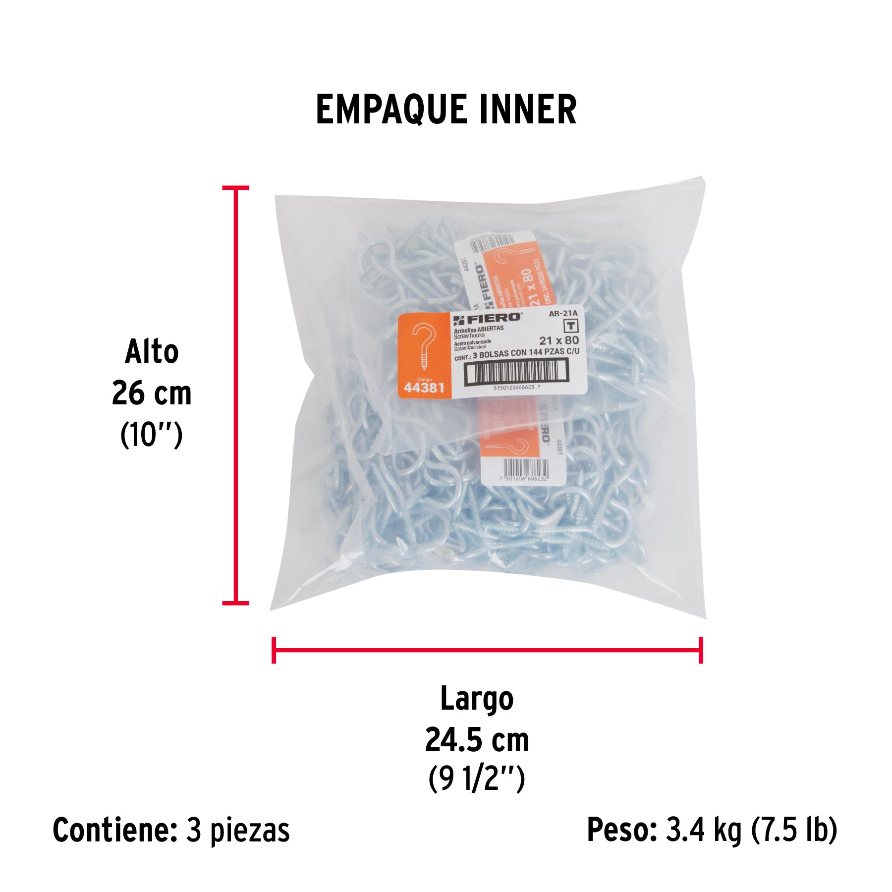 Armella 21 x 80, abierta, caja con 144 pzas