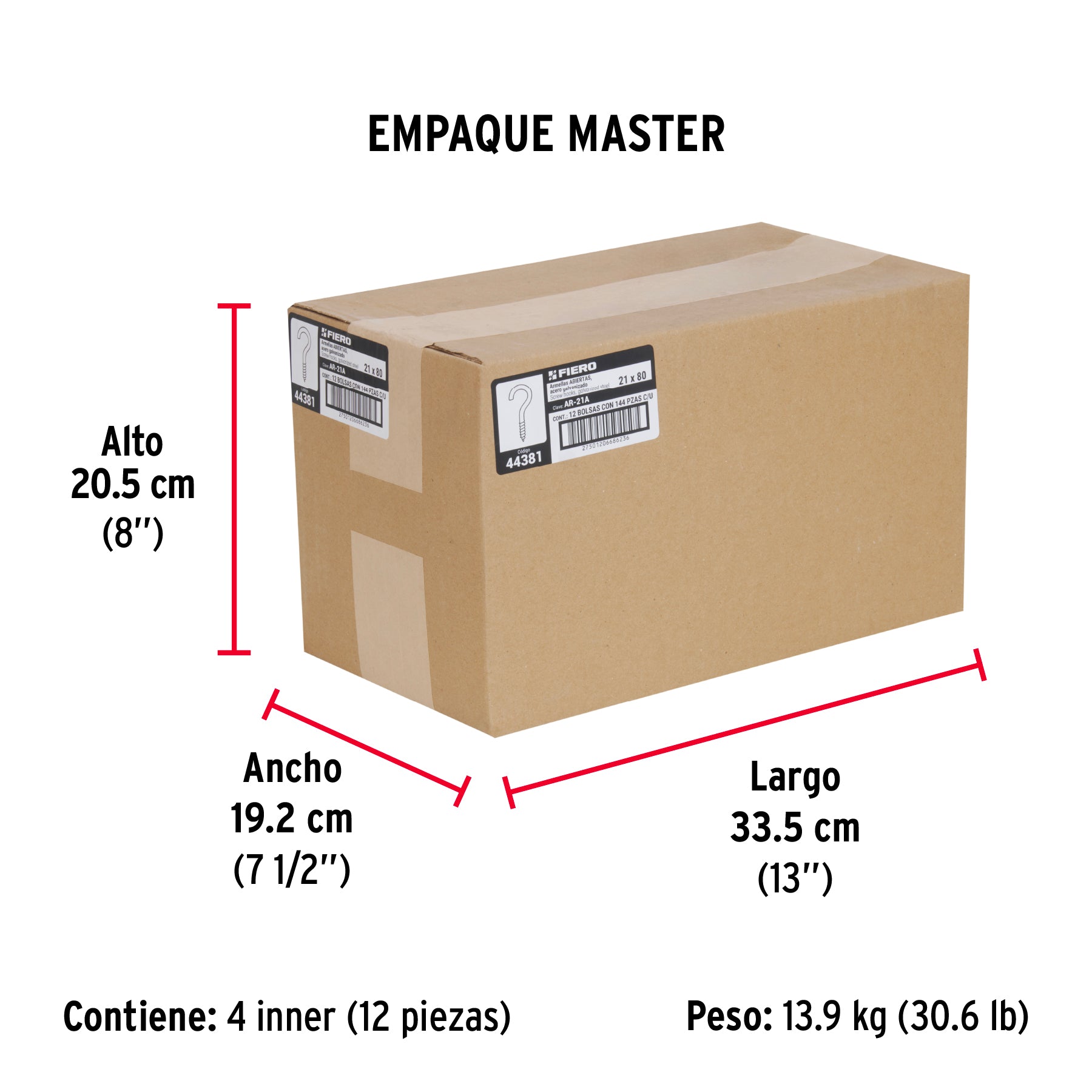 Armella 21 x 80, abierta, caja con 144 pzas