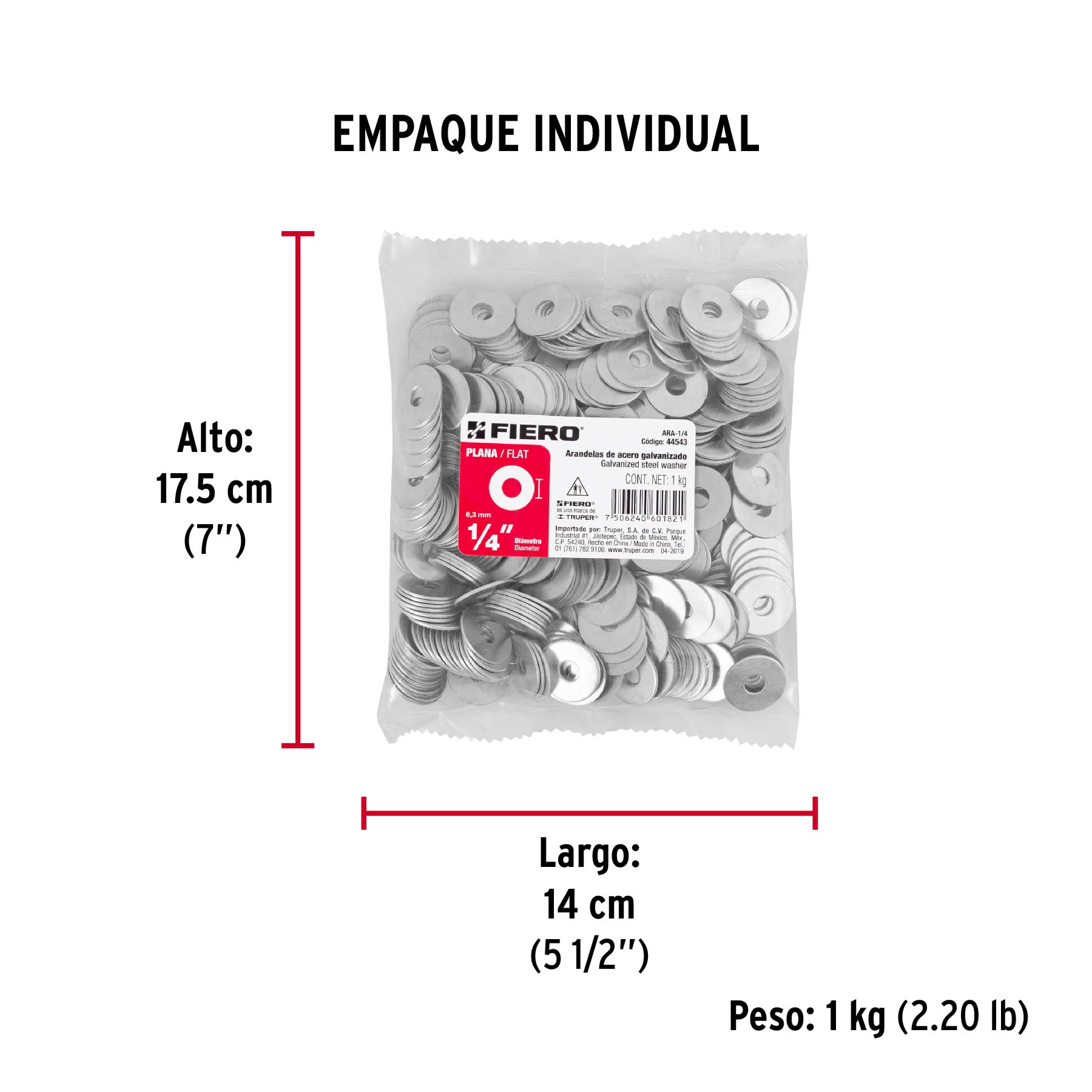 Arandela de acero galvanizado de 1/4", bolsa de 1 kg