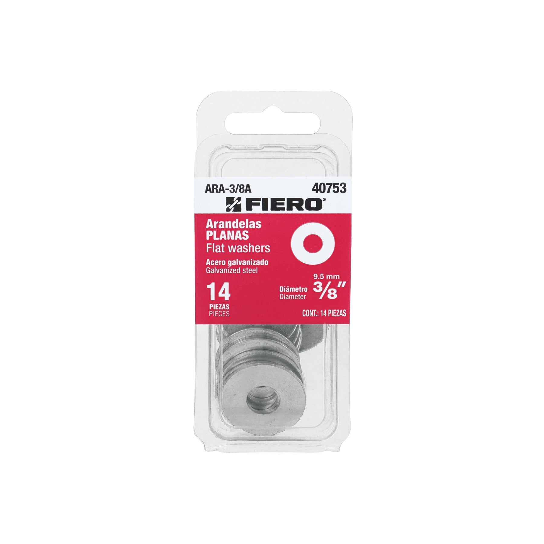 Blíster con 14 arandelas planas de 3/8', Fiero