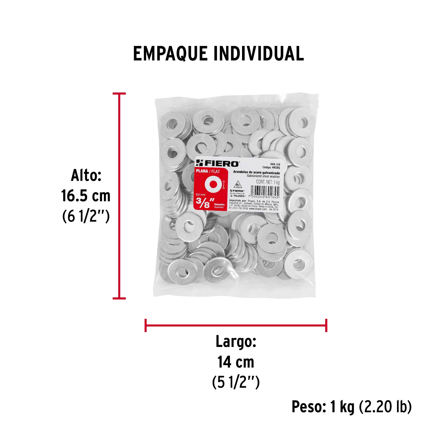 Arandela de acero galvanizado de 3/8", bolsa de 1 kg