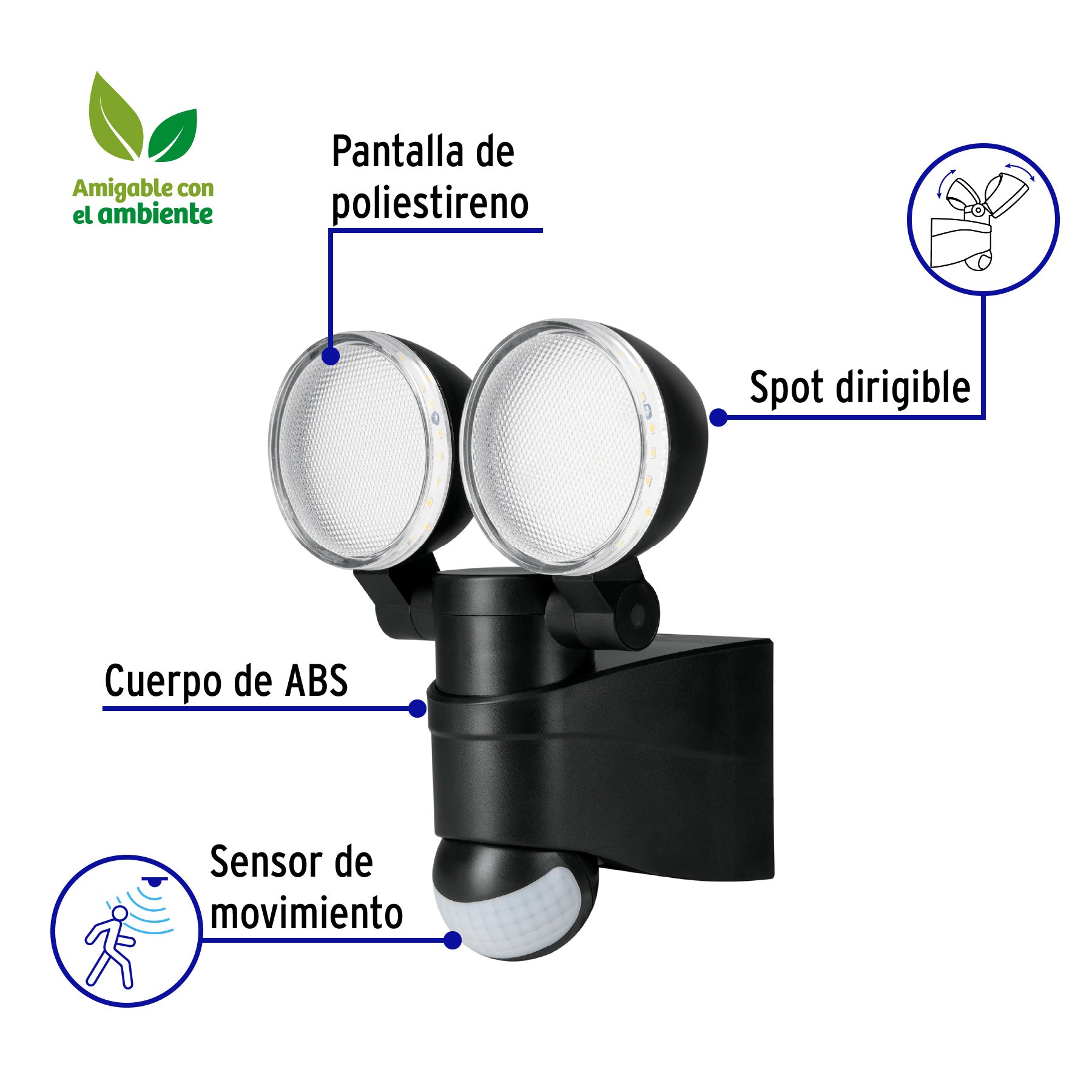 Arbotante negro con sensor de movimiento, LED, 12 W