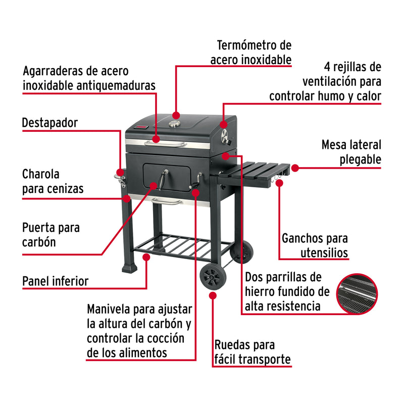 Asador de carbón de 24' con tapa, negro, Fiero