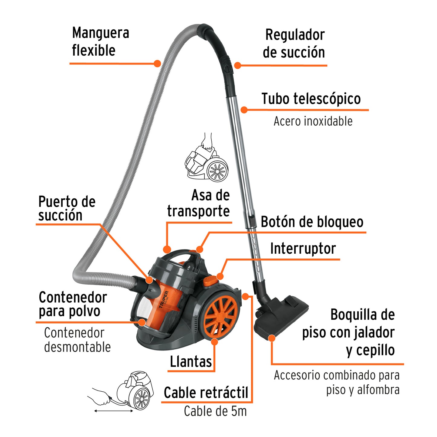 Aspiradora canister 1.8 L, Truper