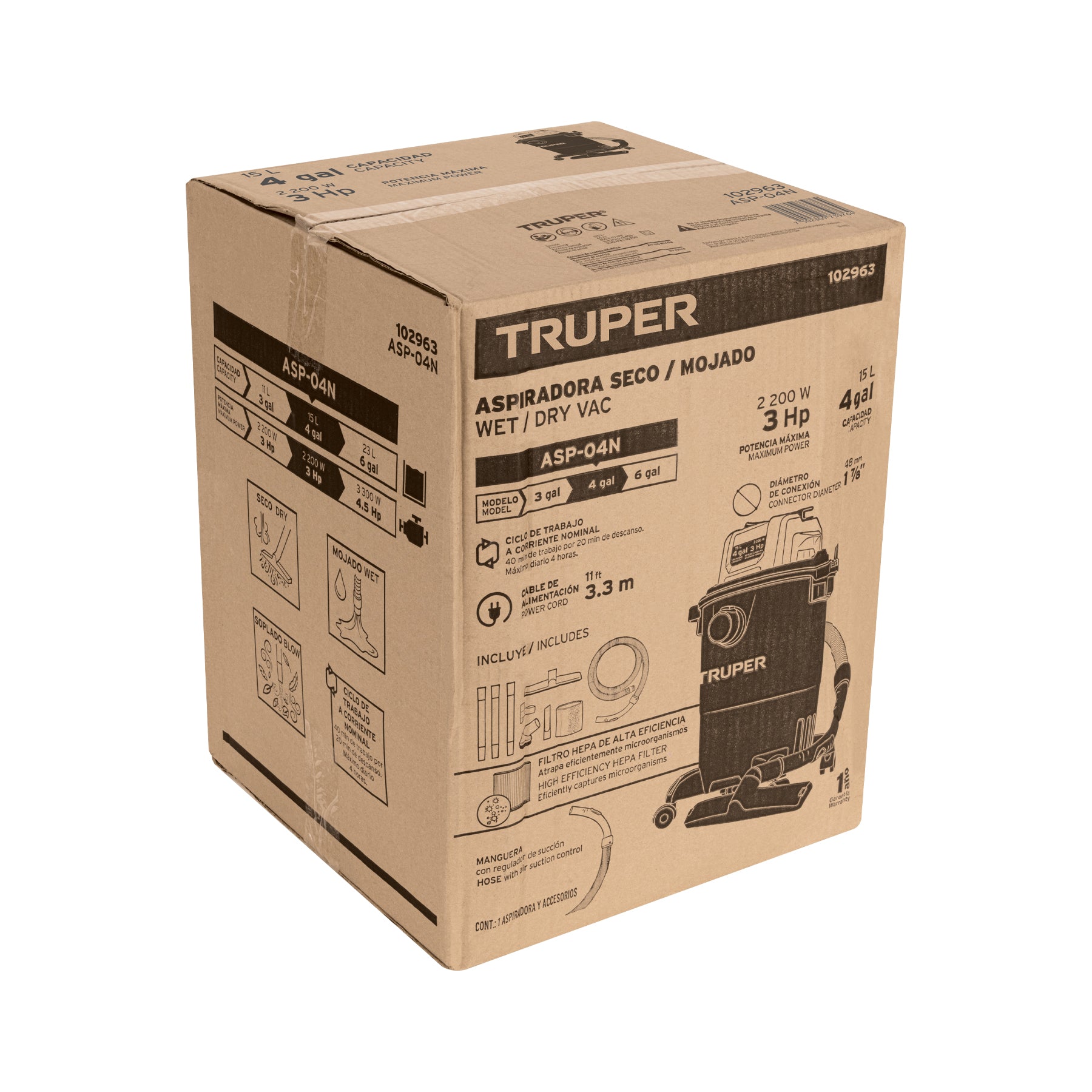 Aspiradora de sólidos y líquidos, 4 gal, plástica, negra