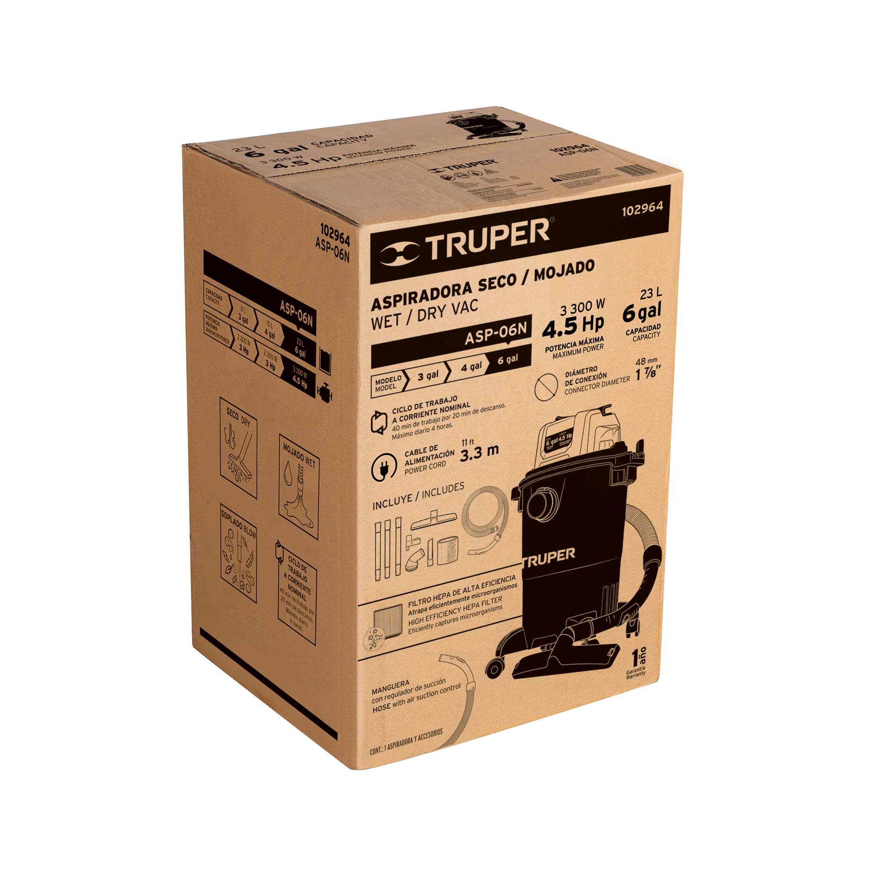 Aspiradora de sólidos y líquidos, 6 gal, plástica, negra