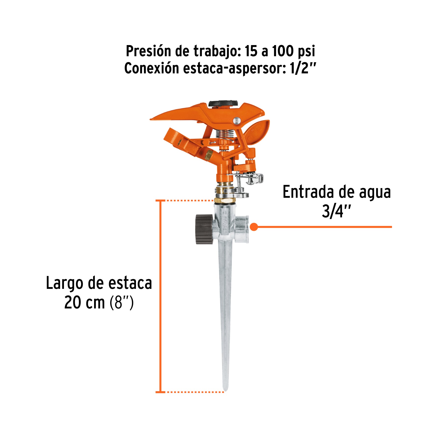 Aspersor metálico dos vías, estaca de 11"