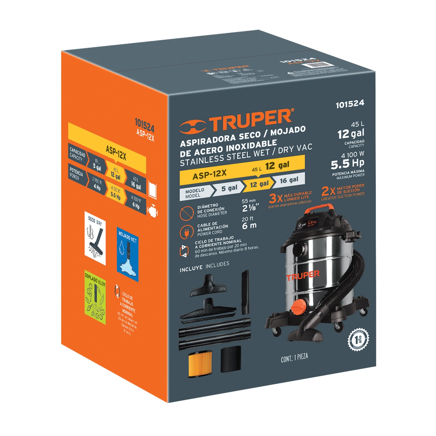 Aspiradora de sólidos y líquidos, 12 gal, acero inox, TRUPER.