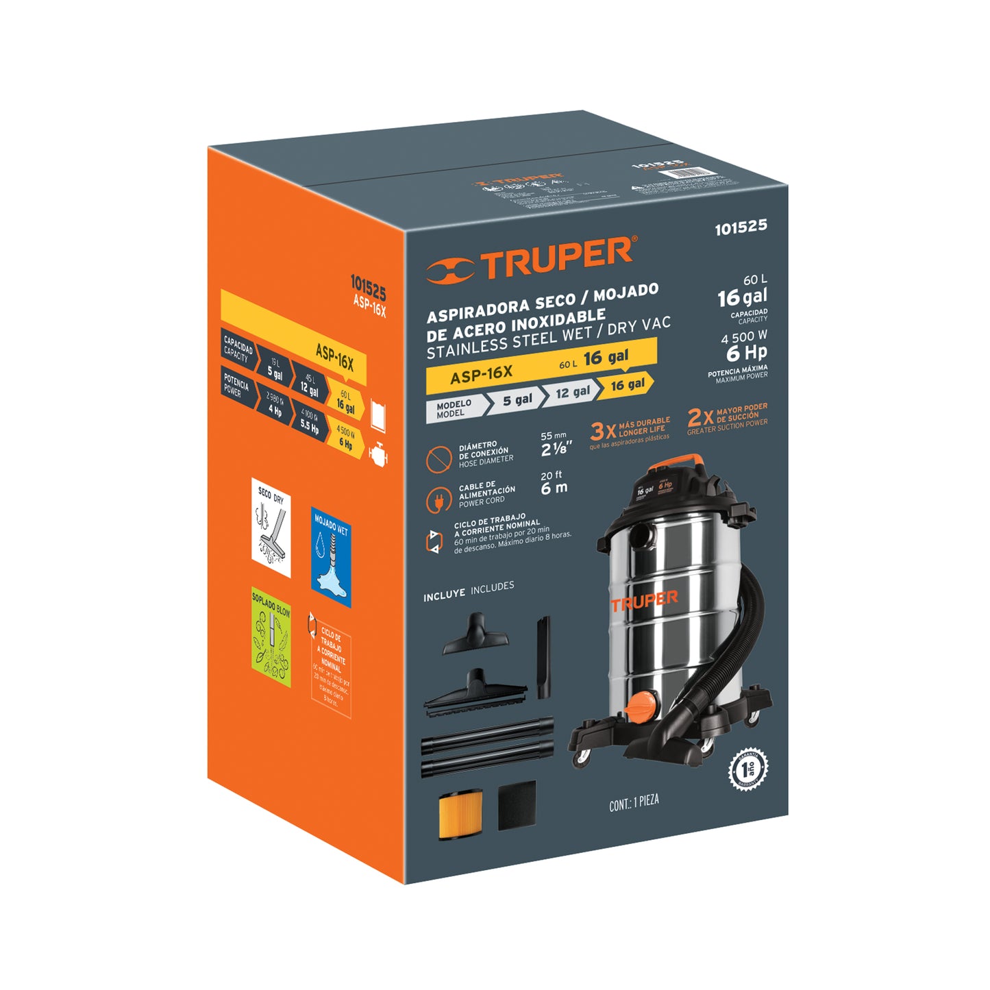 Aspiradora de sólidos y líquidos, 16 gal, acero inox, TRUPER.