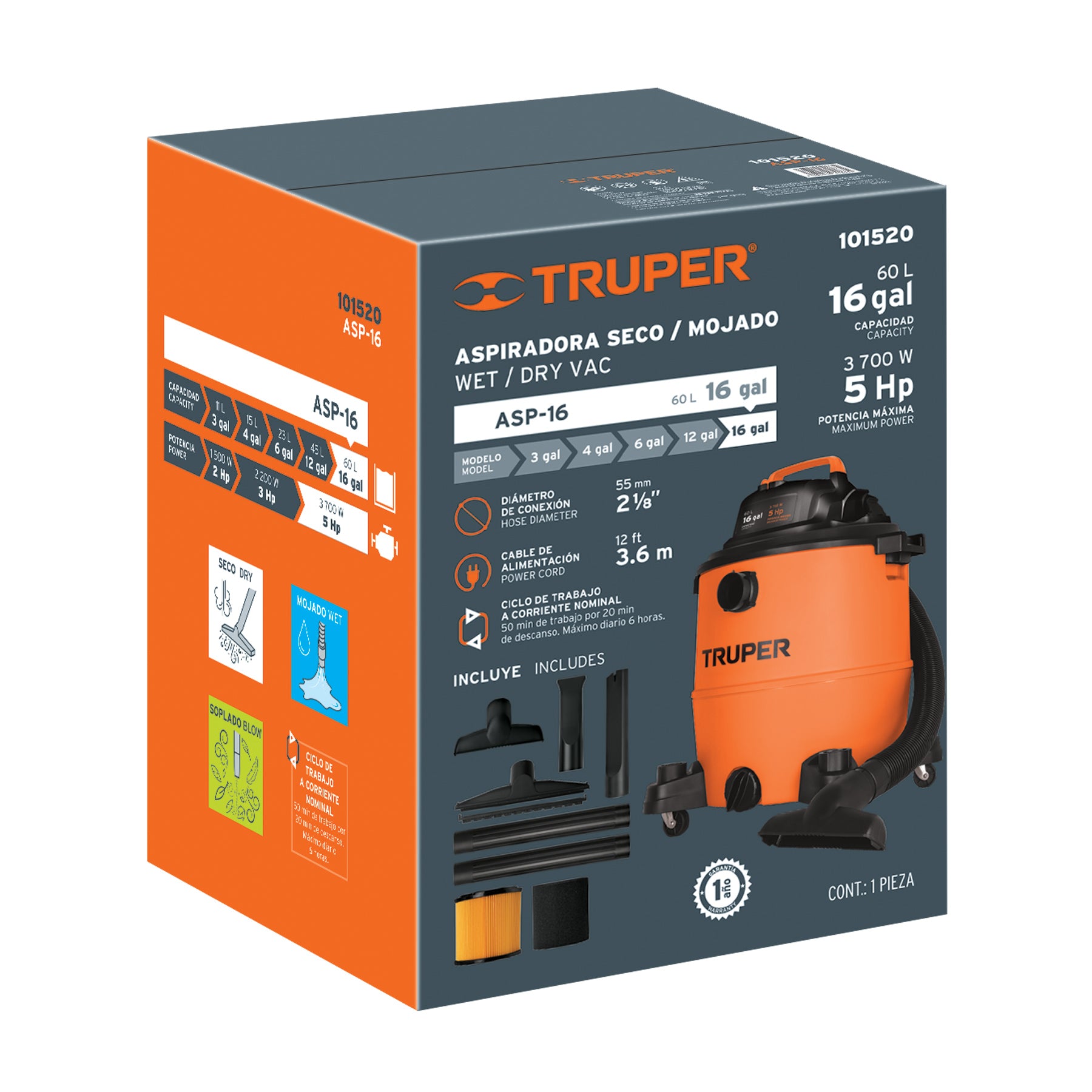 Aspiradora de sólidos y líquidos de 16 gal, plástica