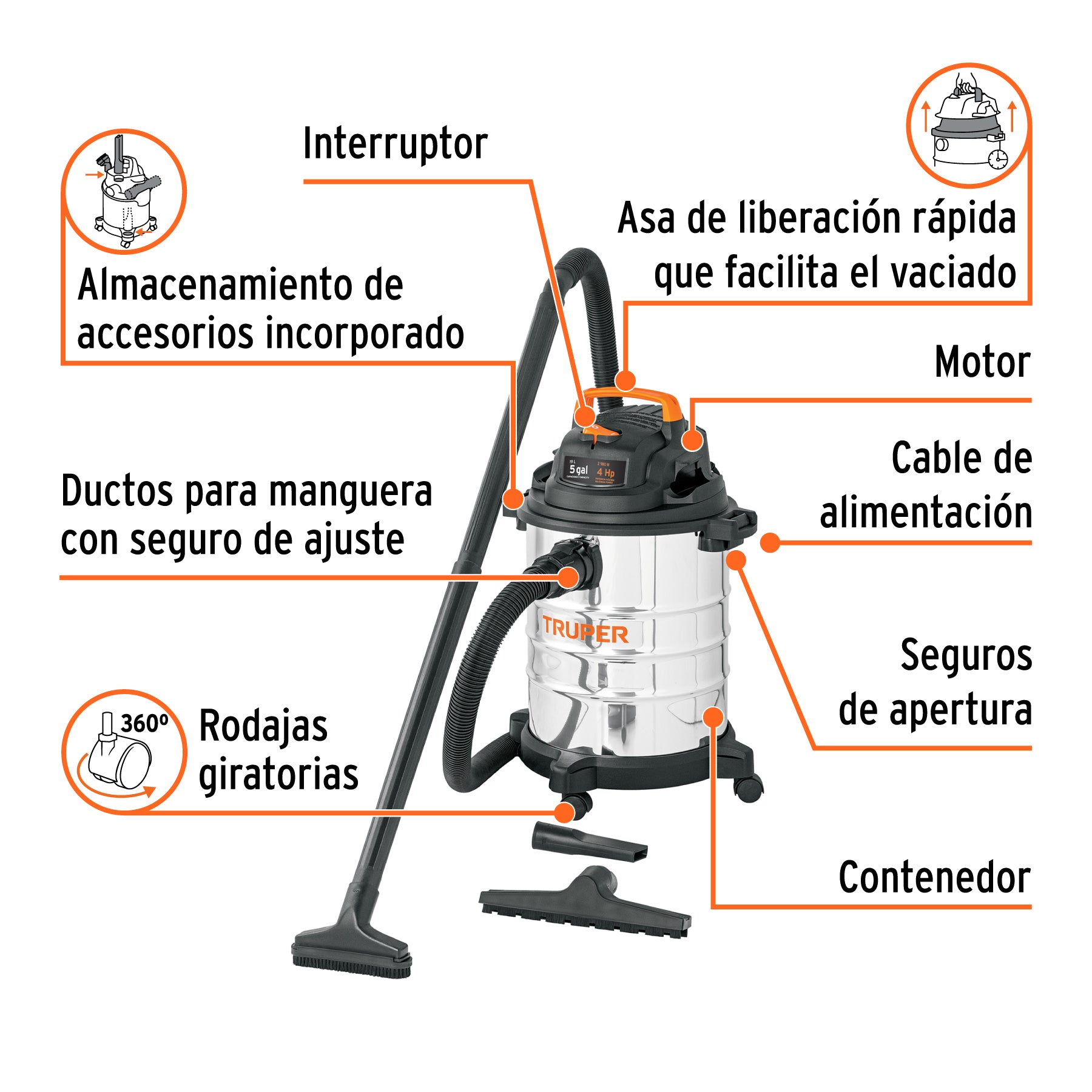 Aspiradora de sólidos y líquidos de 5 gal en acero inox