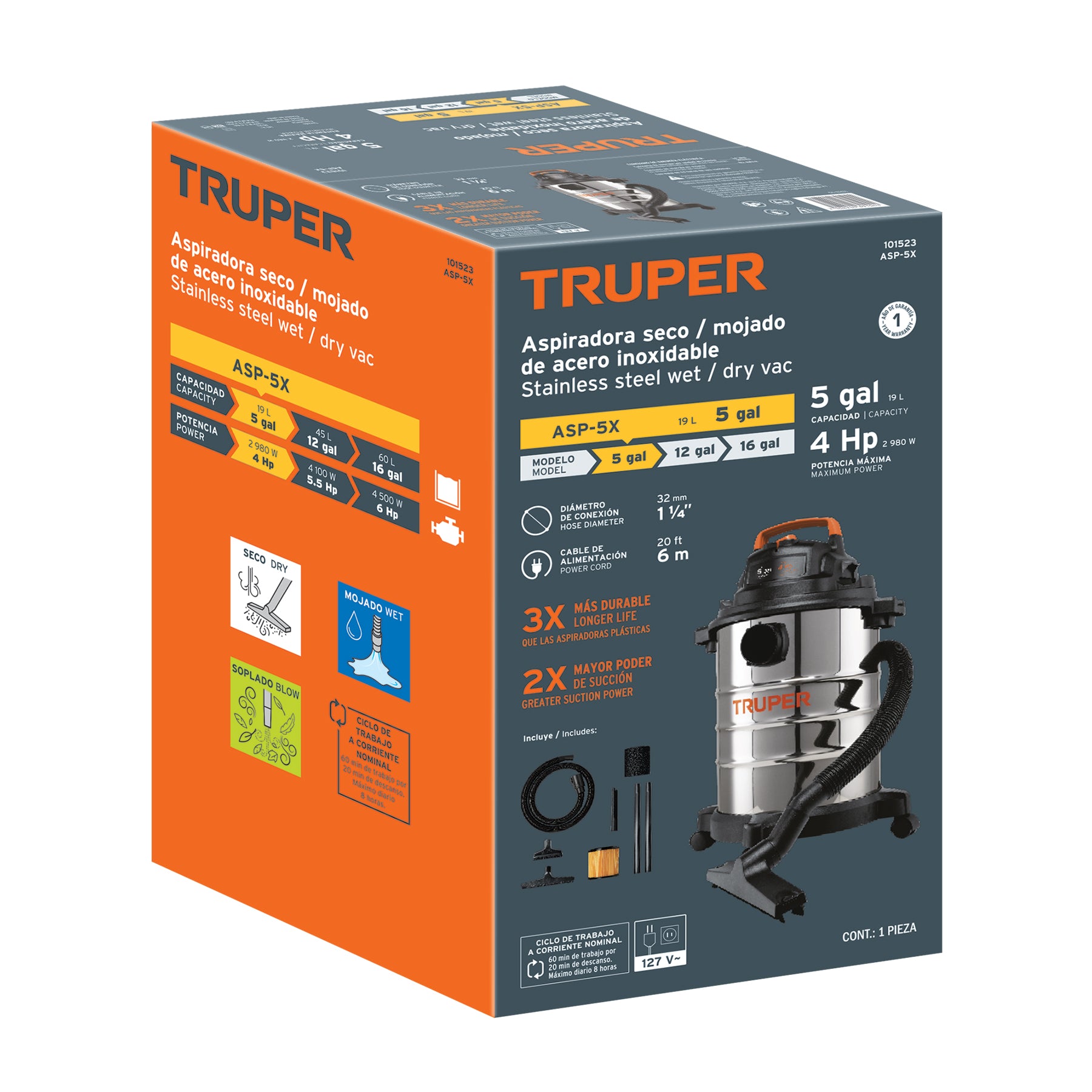 Aspiradora de sólidos y líquidos de 5 gal en acero inox