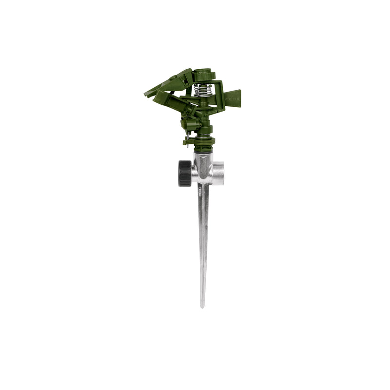 Aspersor verde, plástico, dos vías, estaca de zinc de 11"