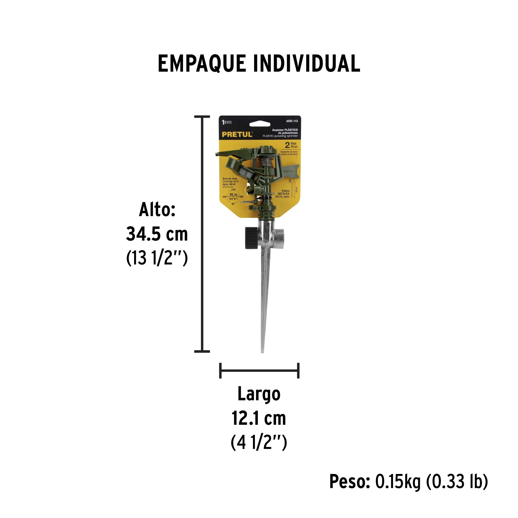 Aspersor verde, plástico, dos vías, estaca de zinc de 11"