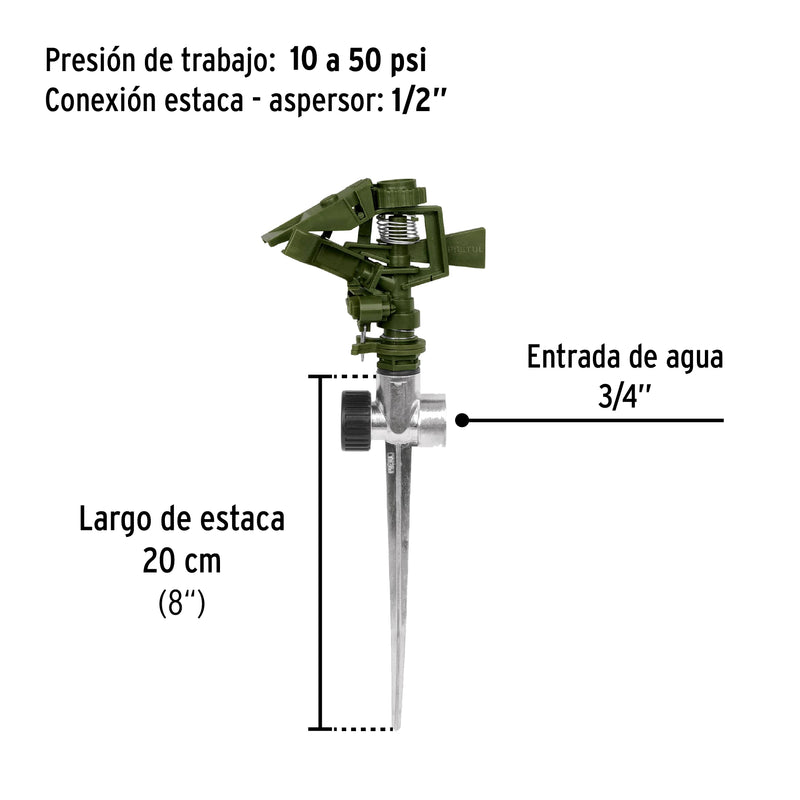 Aspersor verde, plástico, dos vías, estaca de zinc de 11"