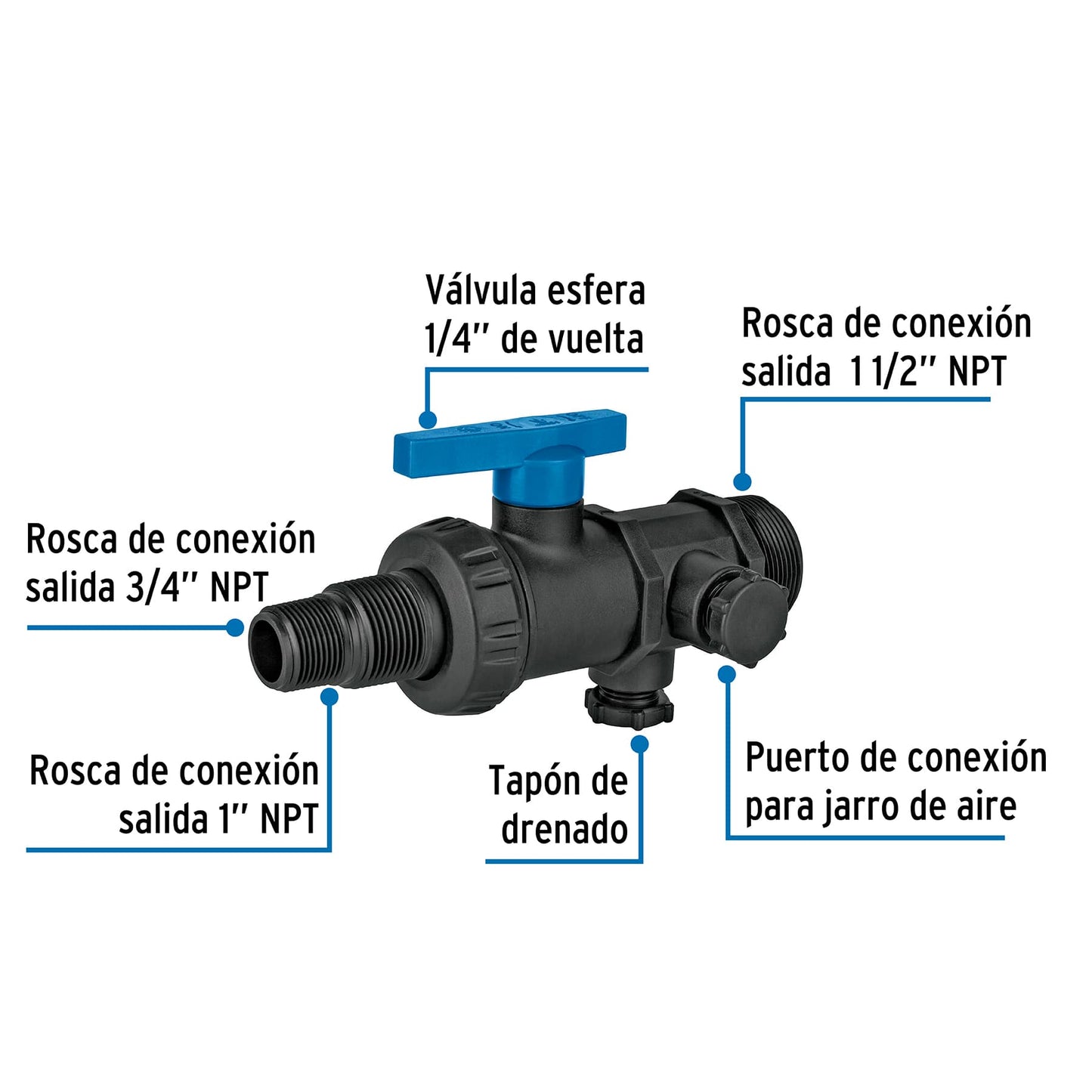 Multiconector válvula esfera y tuerca unión para tinaco