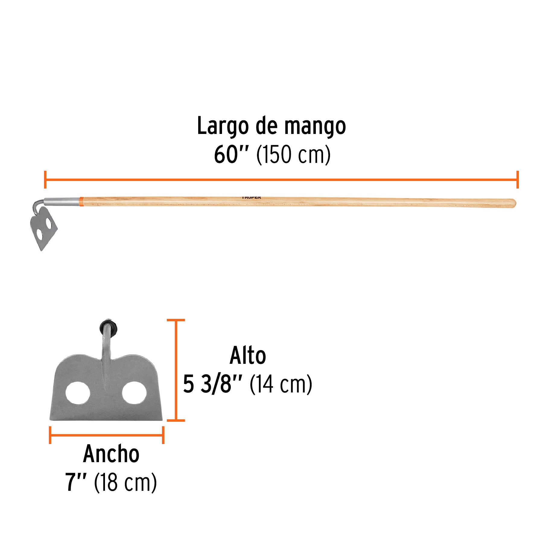 Azadón mezclero cabeza forjada, 7" de ancho, mango 60"