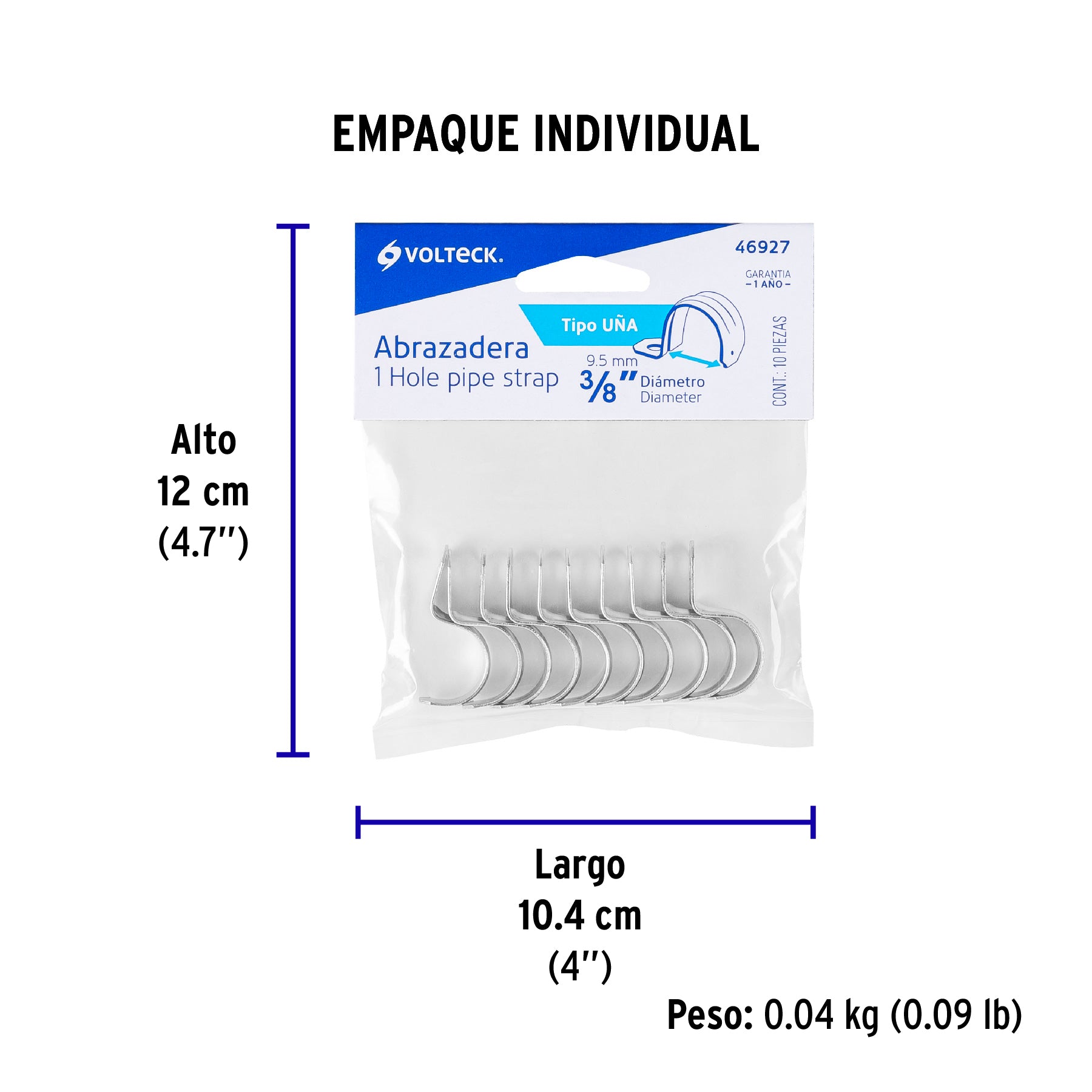 Abrazadera para tubo, tipo uña 3/8", bolsa con 10 pzas