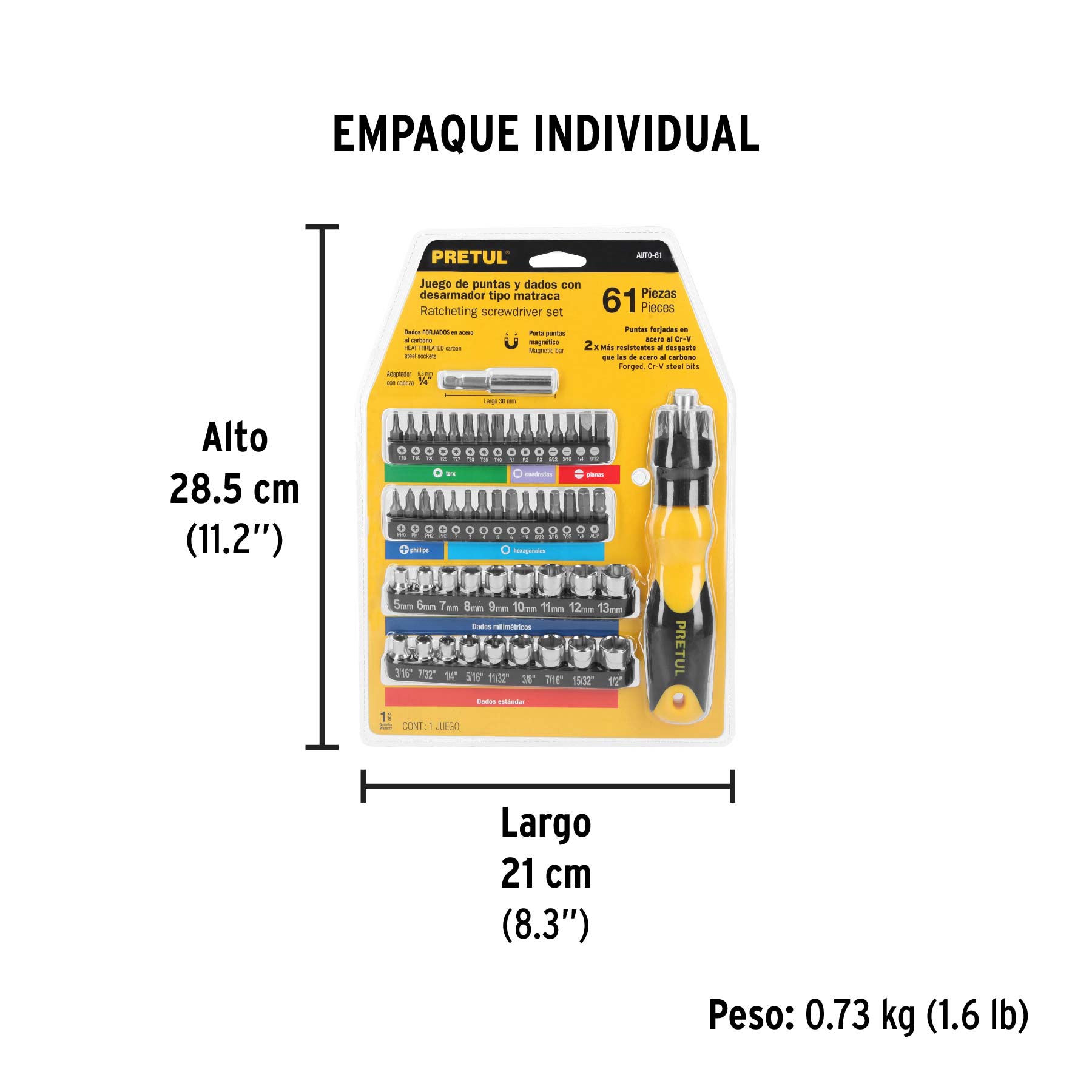 Juego desarmador de matraca, puntas/dados, 61 piezas, pretul