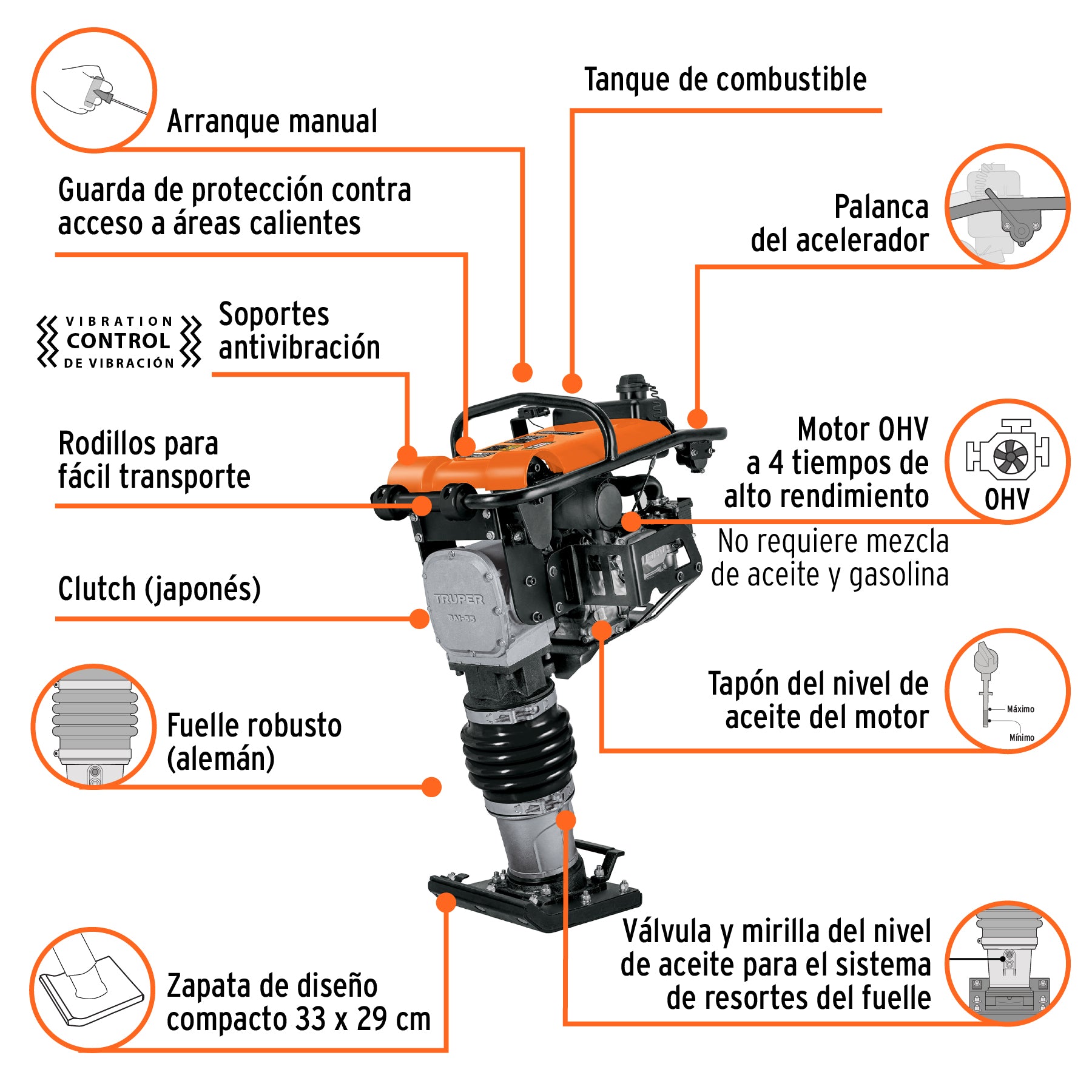 Bailarina compactadora 5.5 HP, motor Honda GX160, Truper