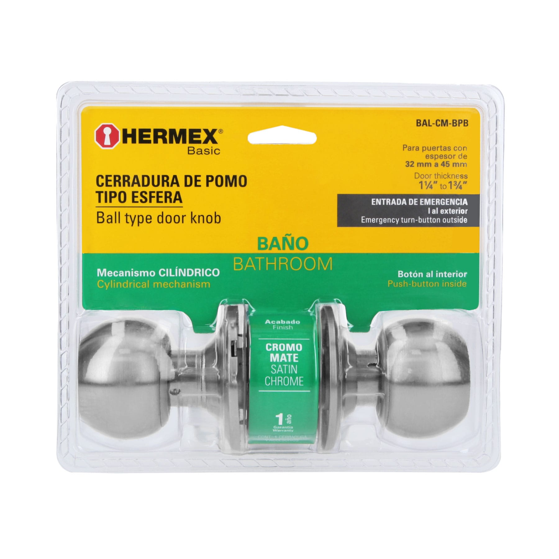 Cerradura esfera,cil, baño, cromo, HB,blister