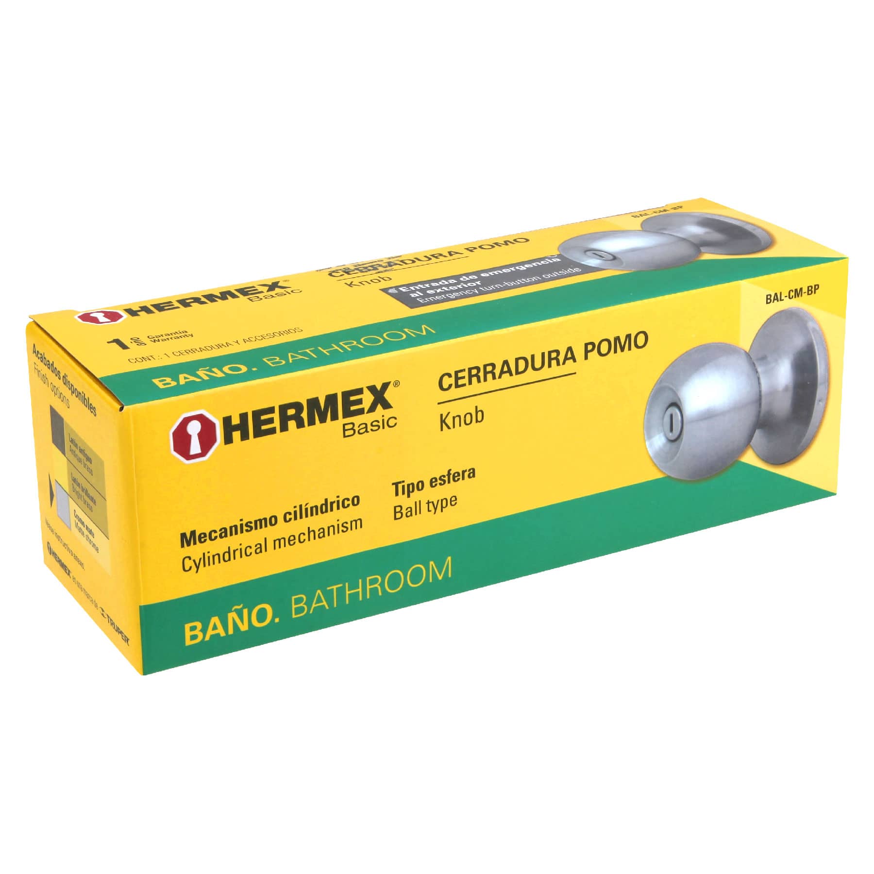 Cerradura pomo, CM, baño, cilíndrica, Hermex Basic