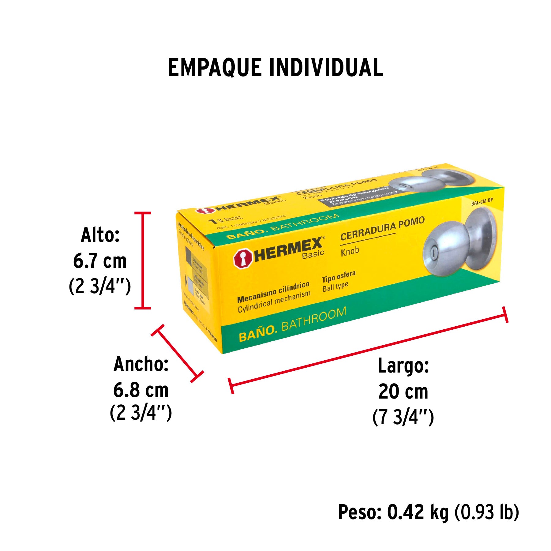 Cerradura pomo, CM, baño, cilíndrica, Hermex Basic