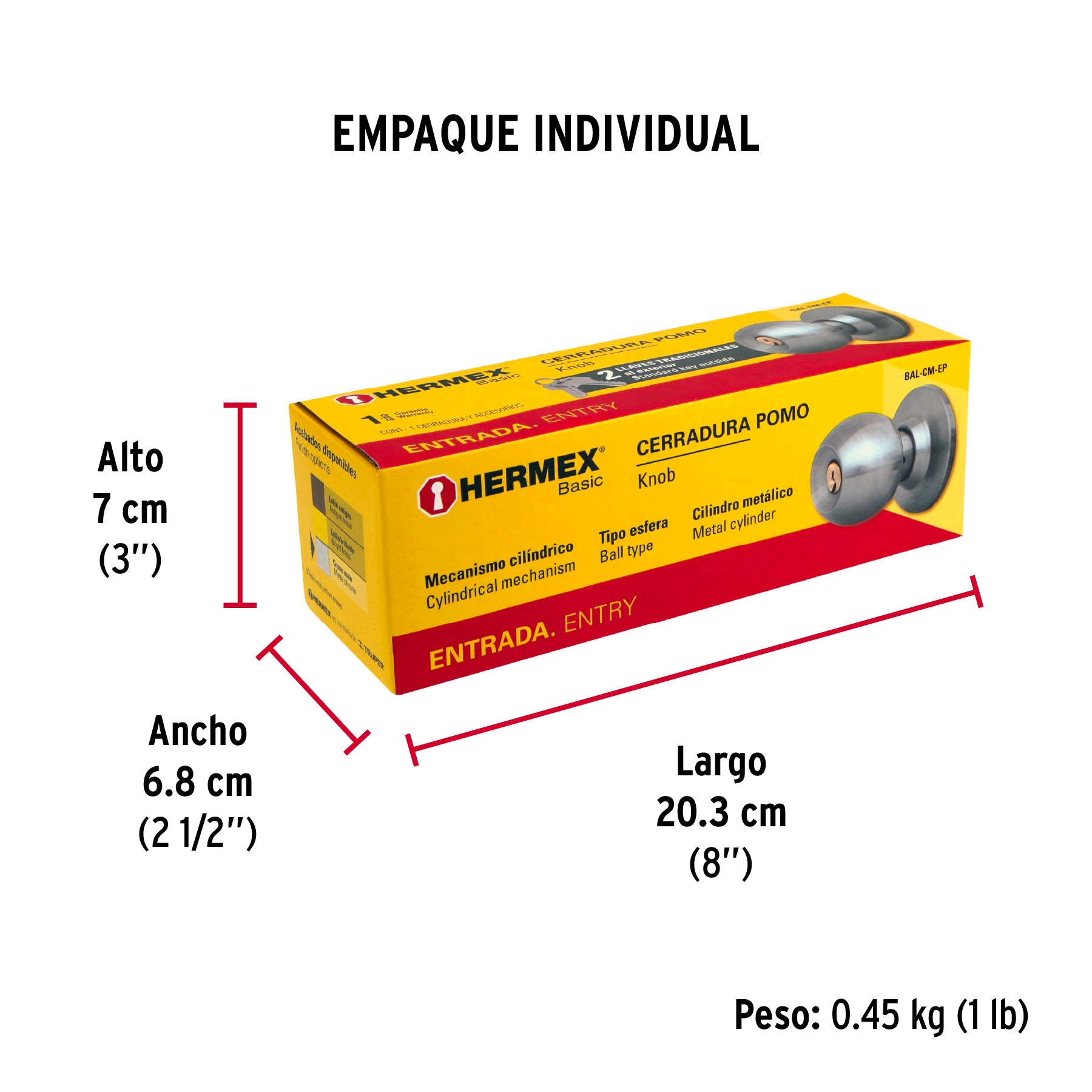 Cerradura pomo, CM, entrada, cilíndrica, Hermex Basic