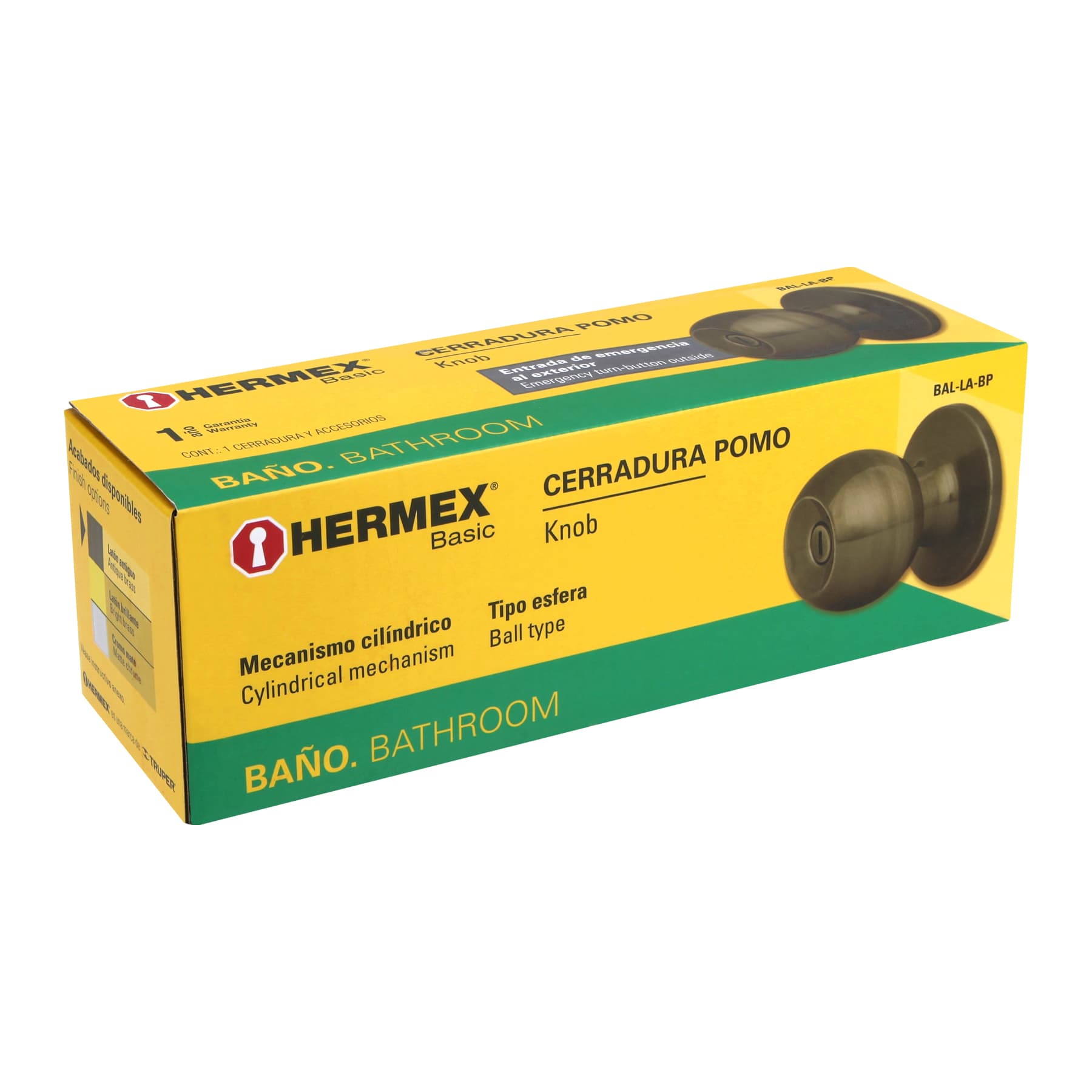 Cerradura pomo, LA, baño, cilíndrica, Hermex Basic