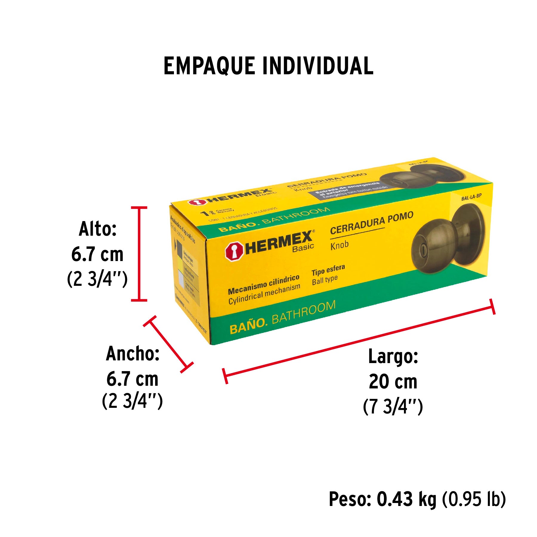 Cerradura pomo, LA, baño, cilíndrica, Hermex Basic